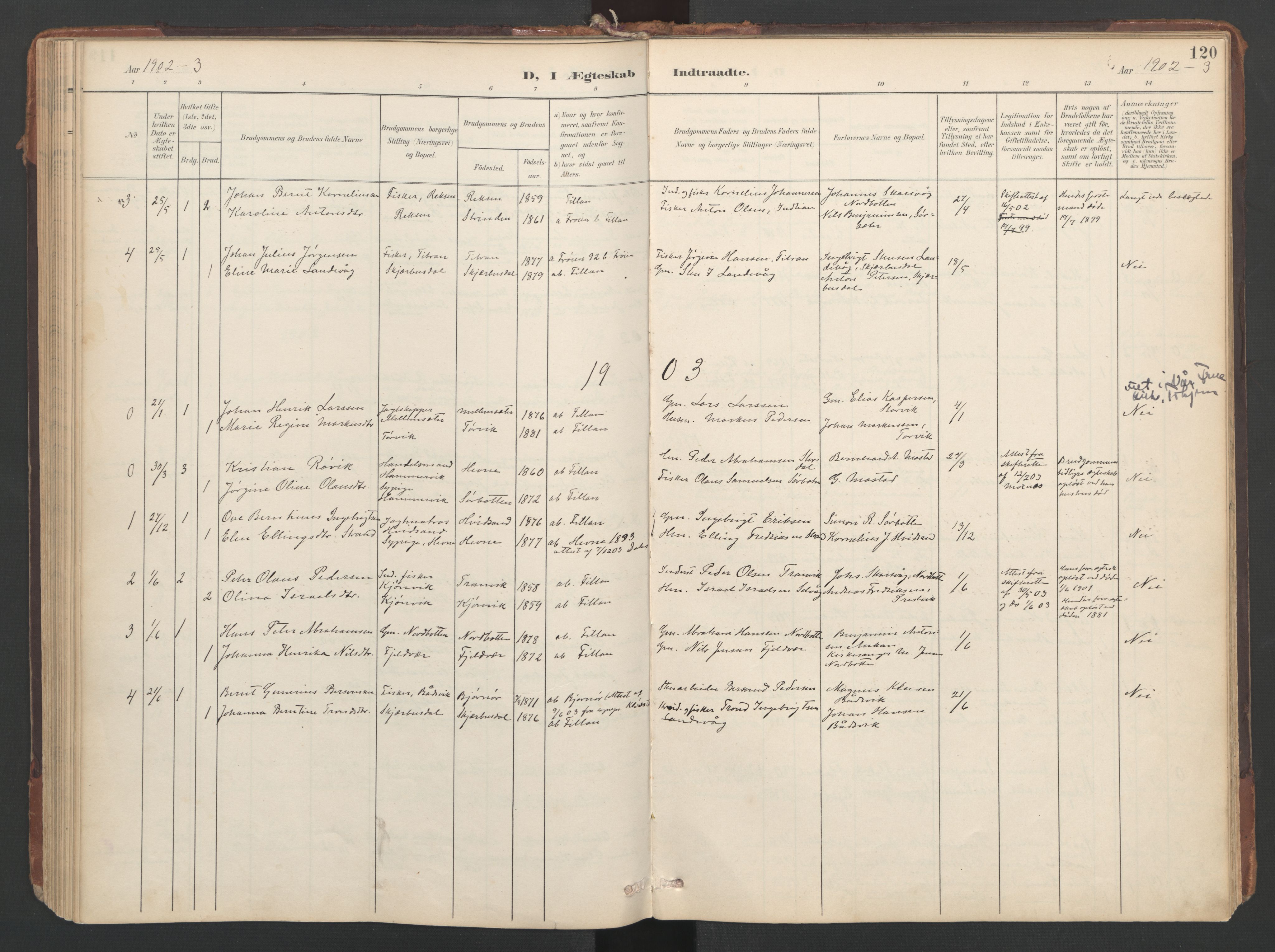 Ministerialprotokoller, klokkerbøker og fødselsregistre - Sør-Trøndelag, SAT/A-1456/638/L0568: Parish register (official) no. 638A01, 1901-1916, p. 120
