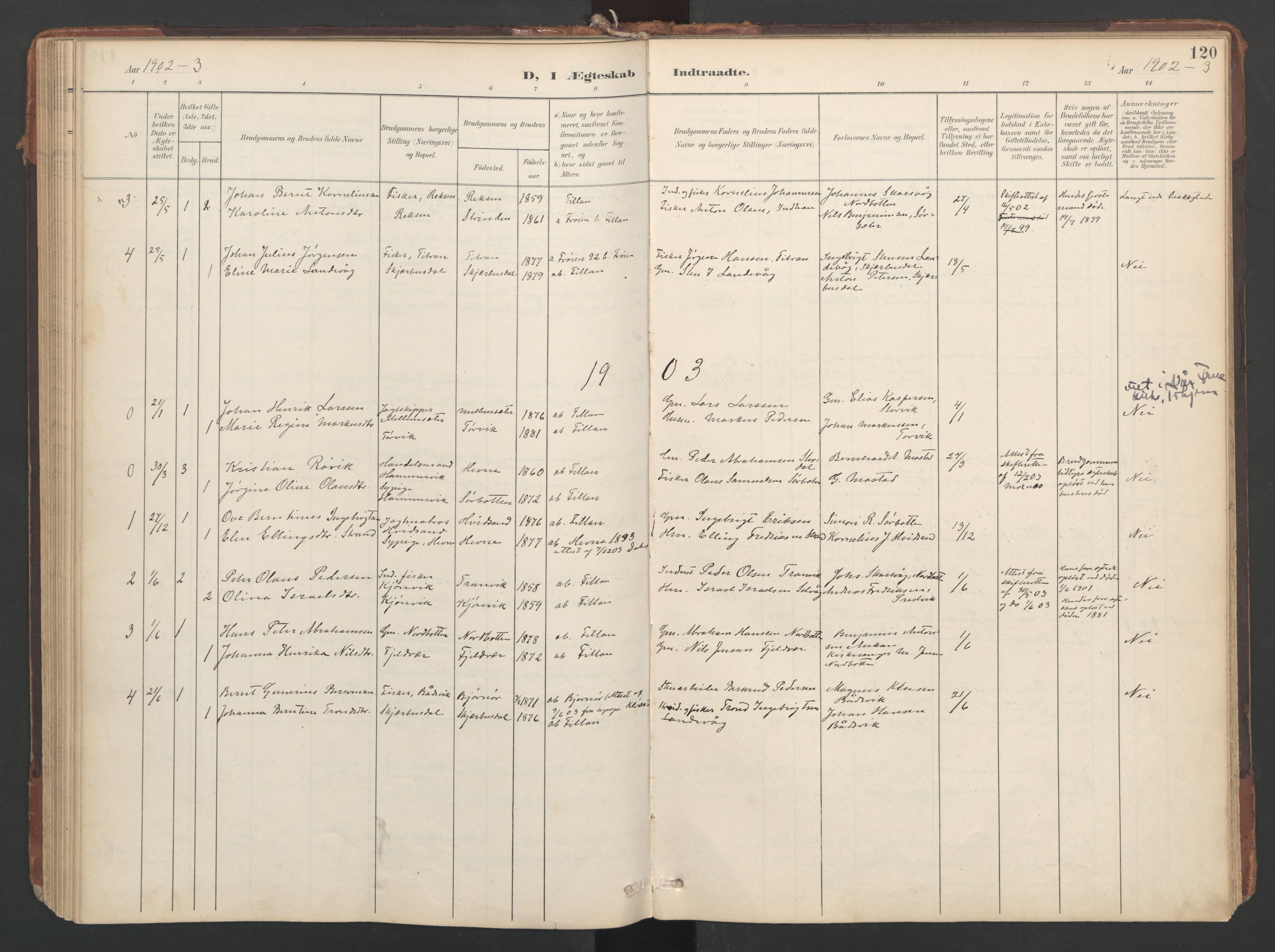 Ministerialprotokoller, klokkerbøker og fødselsregistre - Sør-Trøndelag, AV/SAT-A-1456/638/L0568: Parish register (official) no. 638A01, 1901-1916, p. 120