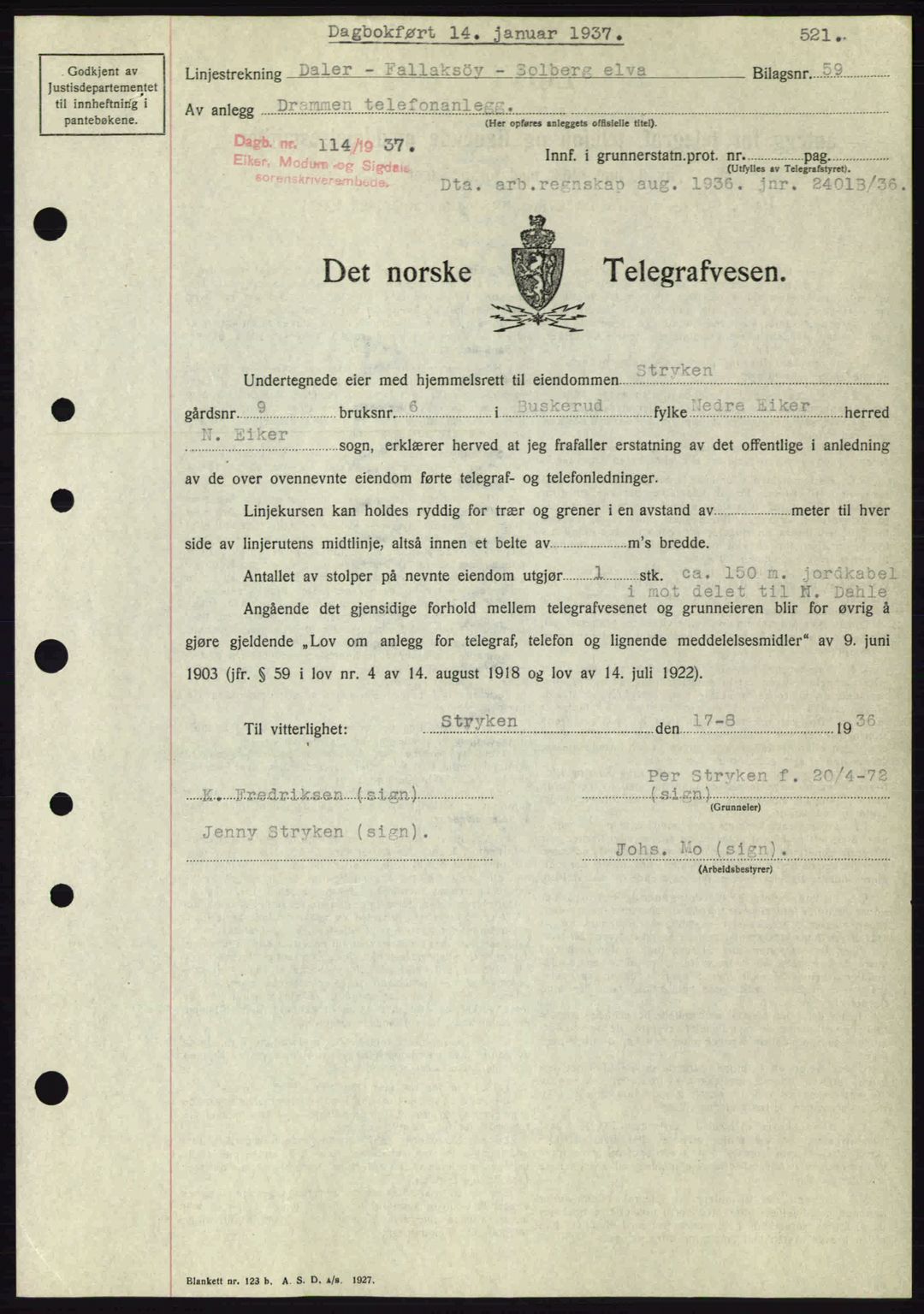 Eiker, Modum og Sigdal sorenskriveri, SAKO/A-123/G/Ga/Gab/L0034: Mortgage book no. A4, 1936-1937, Diary no: : 114/1937