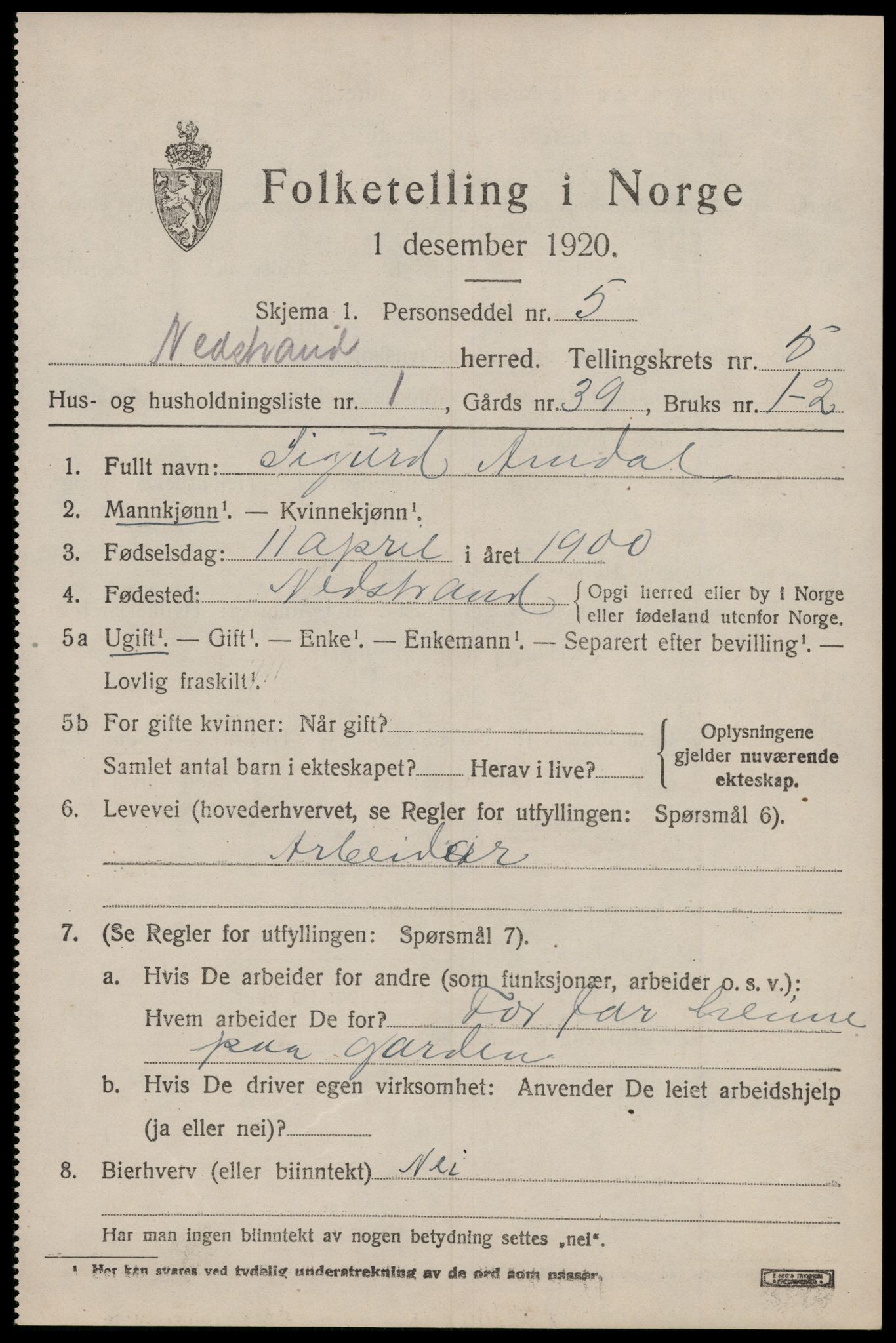 SAST, 1920 census for Nedstrand, 1920, p. 2273