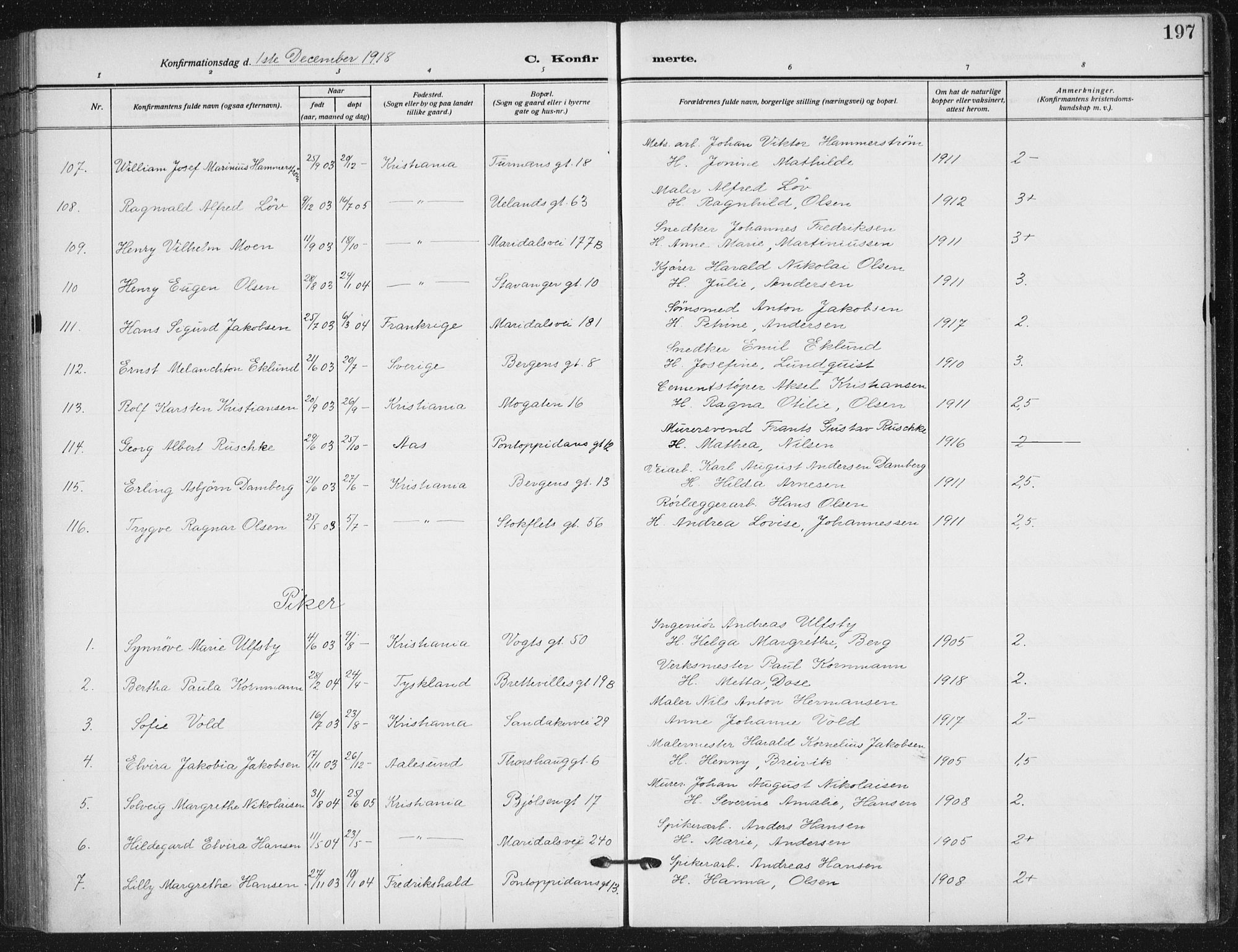 Sagene prestekontor Kirkebøker, SAO/A-10796/F/L0008: Parish register (official) no. 8, 1910-1919, p. 197