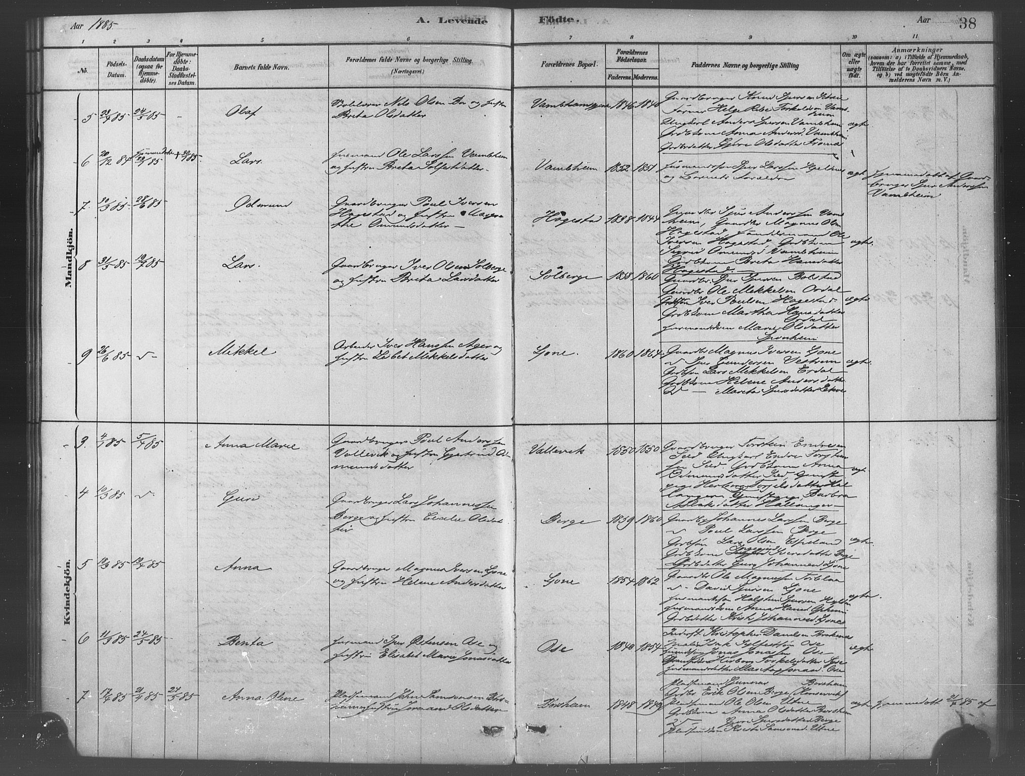 Ulvik sokneprestembete, SAB/A-78801/H/Haa: Parish register (official) no. B 1, 1878-1897, p. 38