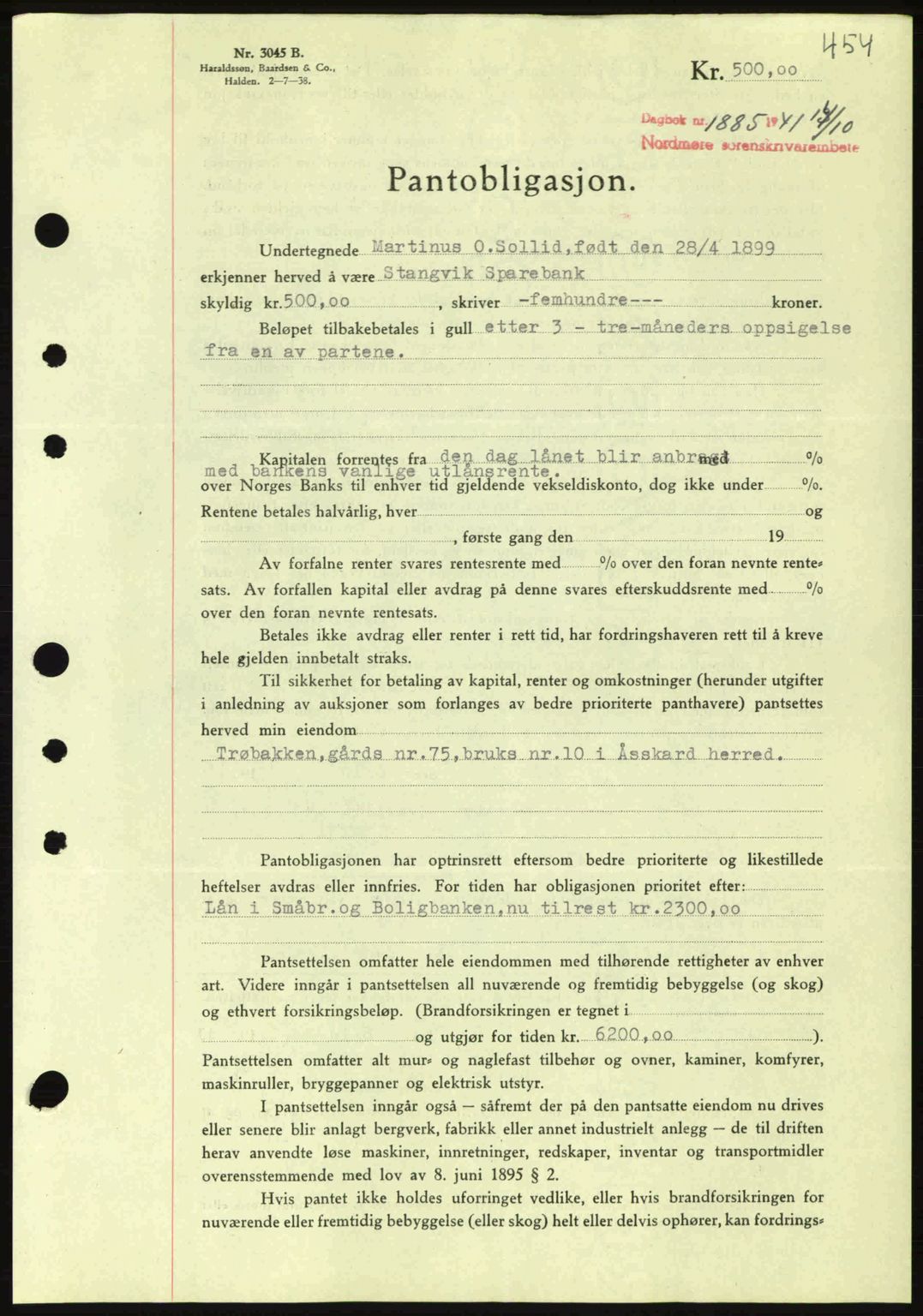 Nordmøre sorenskriveri, AV/SAT-A-4132/1/2/2Ca: Mortgage book no. B88, 1941-1942, Diary no: : 1885/1941