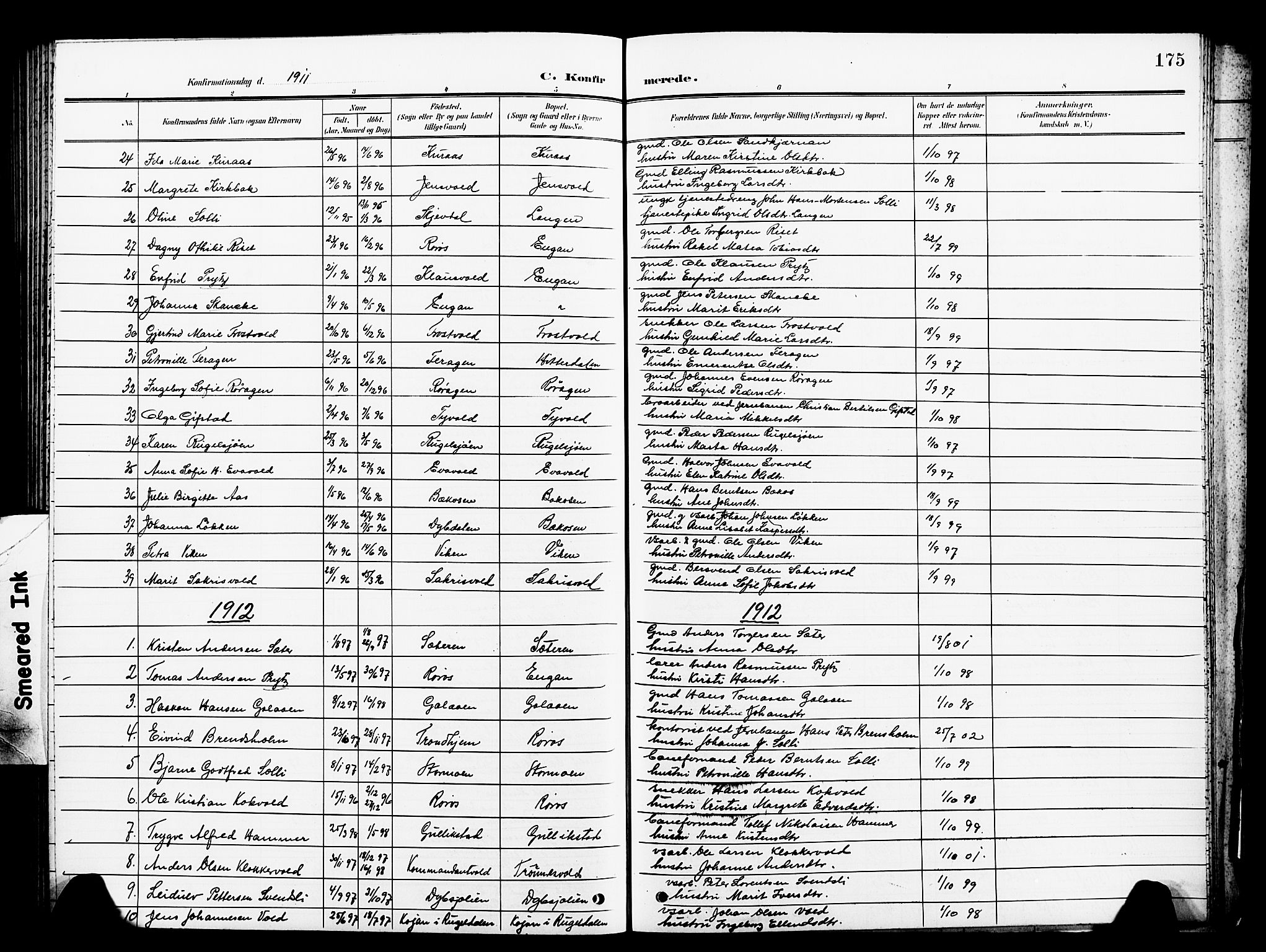 Ministerialprotokoller, klokkerbøker og fødselsregistre - Sør-Trøndelag, SAT/A-1456/681/L0942: Parish register (copy) no. 681C06, 1906-1925, p. 175