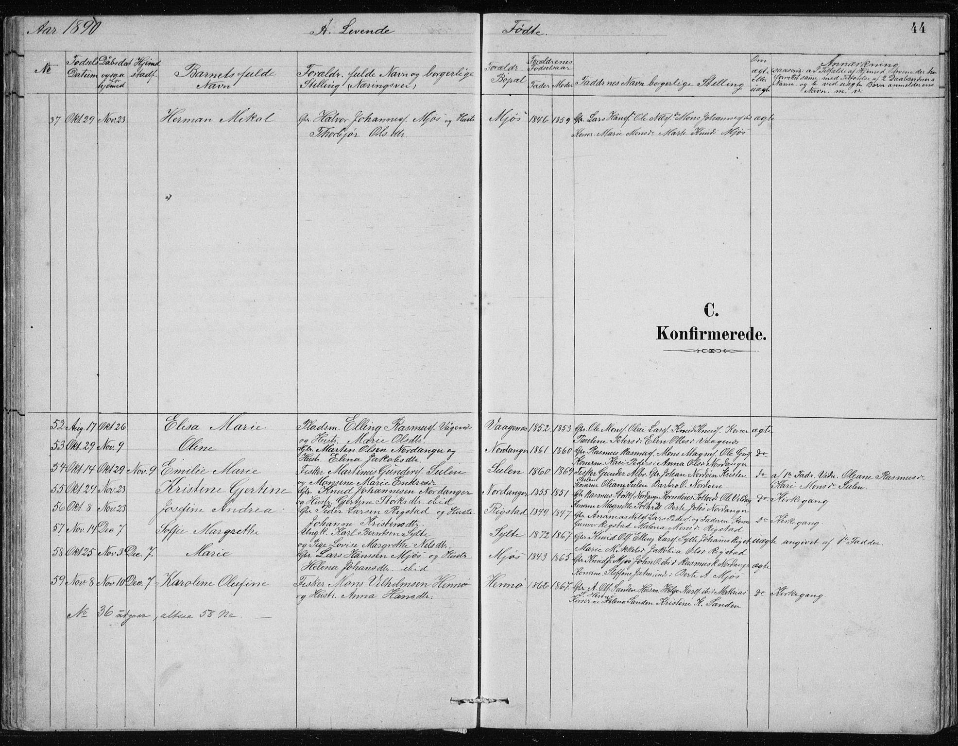 Manger sokneprestembete, AV/SAB-A-76801/H/Hab: Parish register (copy) no. B 2, 1882-1890, p. 44