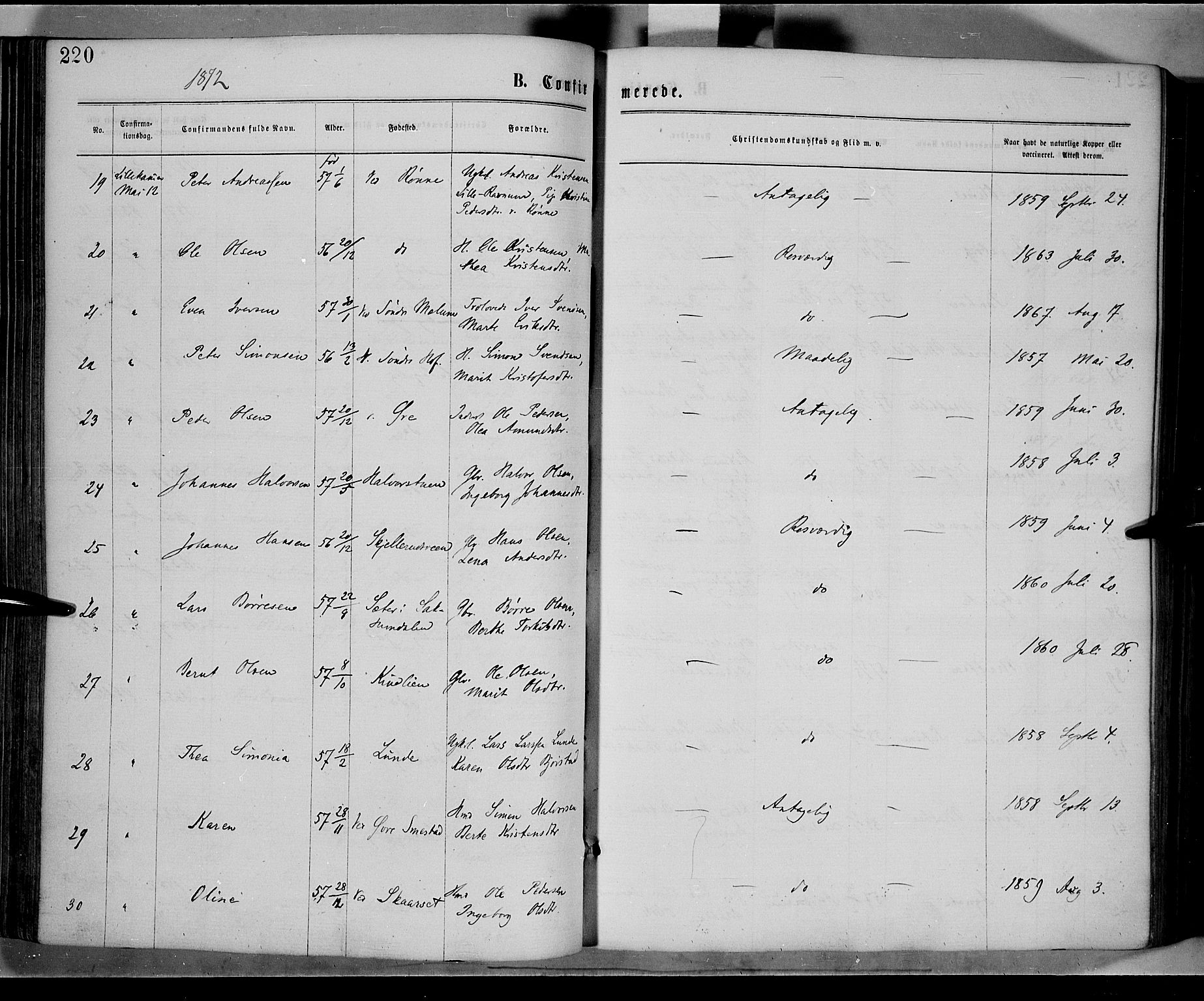 Fåberg prestekontor, AV/SAH-PREST-086/H/Ha/Haa/L0007: Parish register (official) no. 7, 1868-1878, p. 220