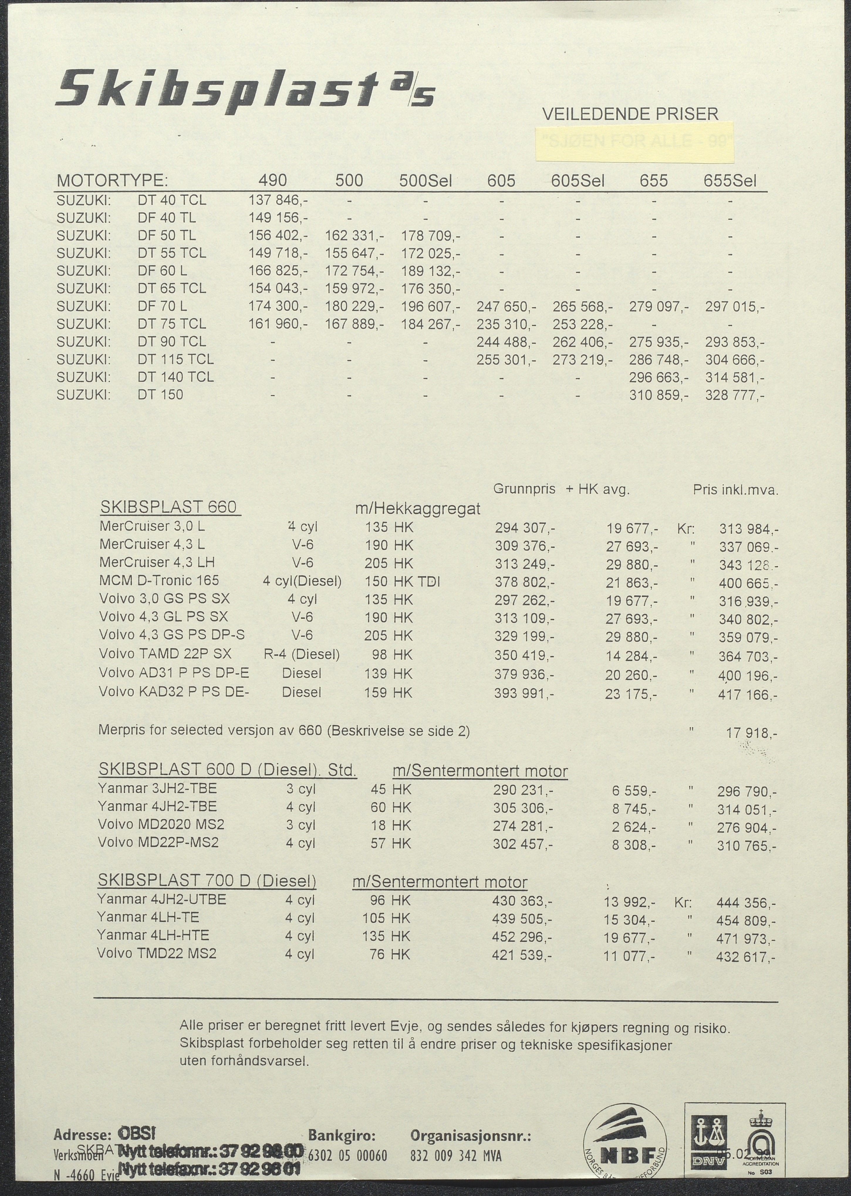 Skibsplast, AAKS/PA-2968/01/X/X01/L0001/0001: Brosjyrer / Lister over båtmodeller, veiledende priser, nettopriser til forhandlere og diverse, 1998-2014