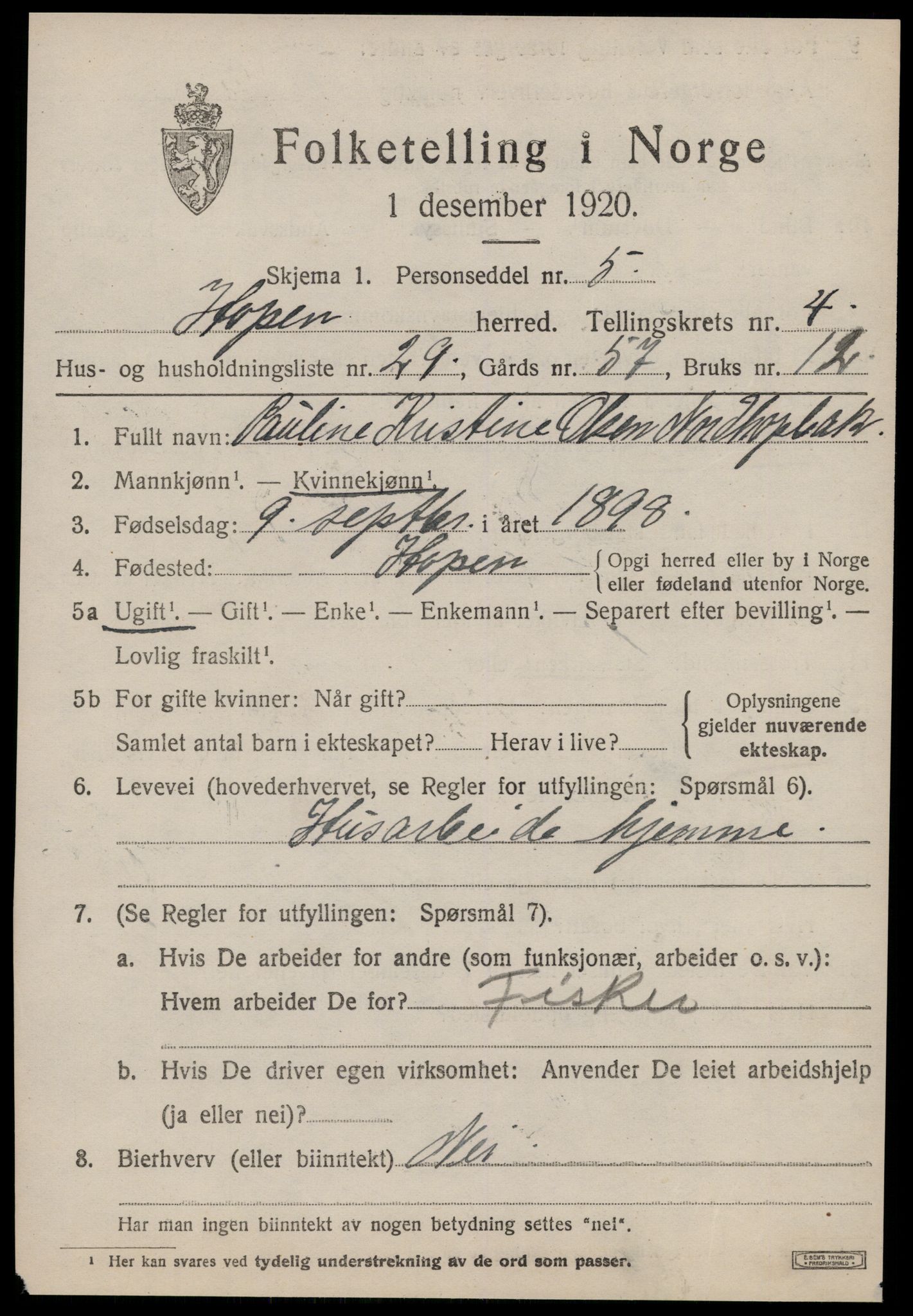 SAT, 1920 census for Hopen, 1920, p. 2344