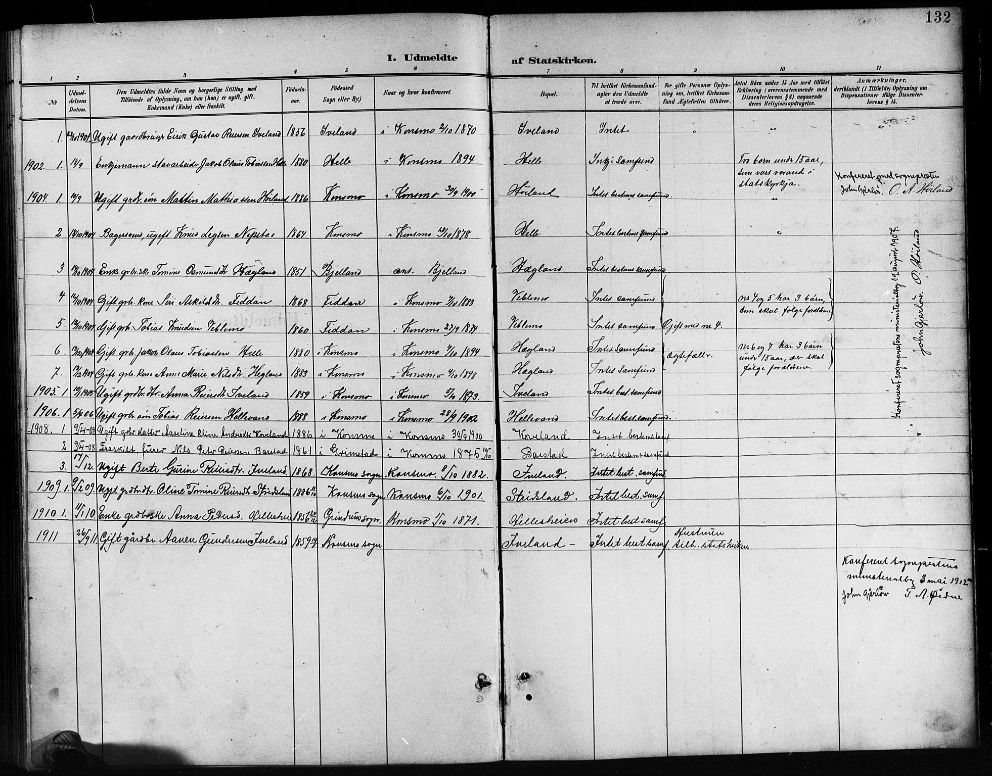 Nord-Audnedal sokneprestkontor, SAK/1111-0032/F/Fb/Fba/L0004: Parish register (copy) no. B 4, 1901-1917, p. 132