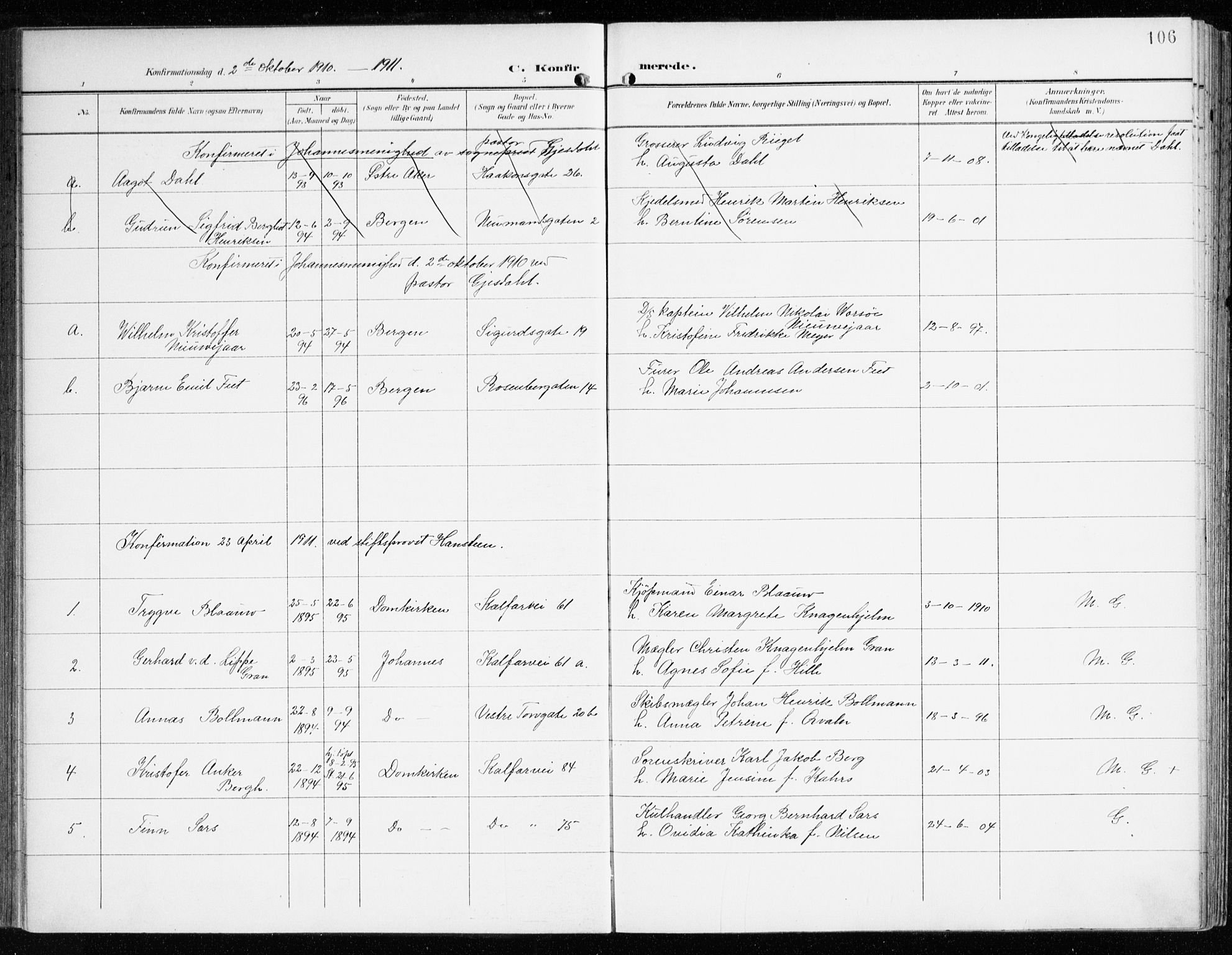 Domkirken sokneprestembete, SAB/A-74801/H/Haa/L0031: Parish register (official) no. C 6, 1898-1915, p. 106