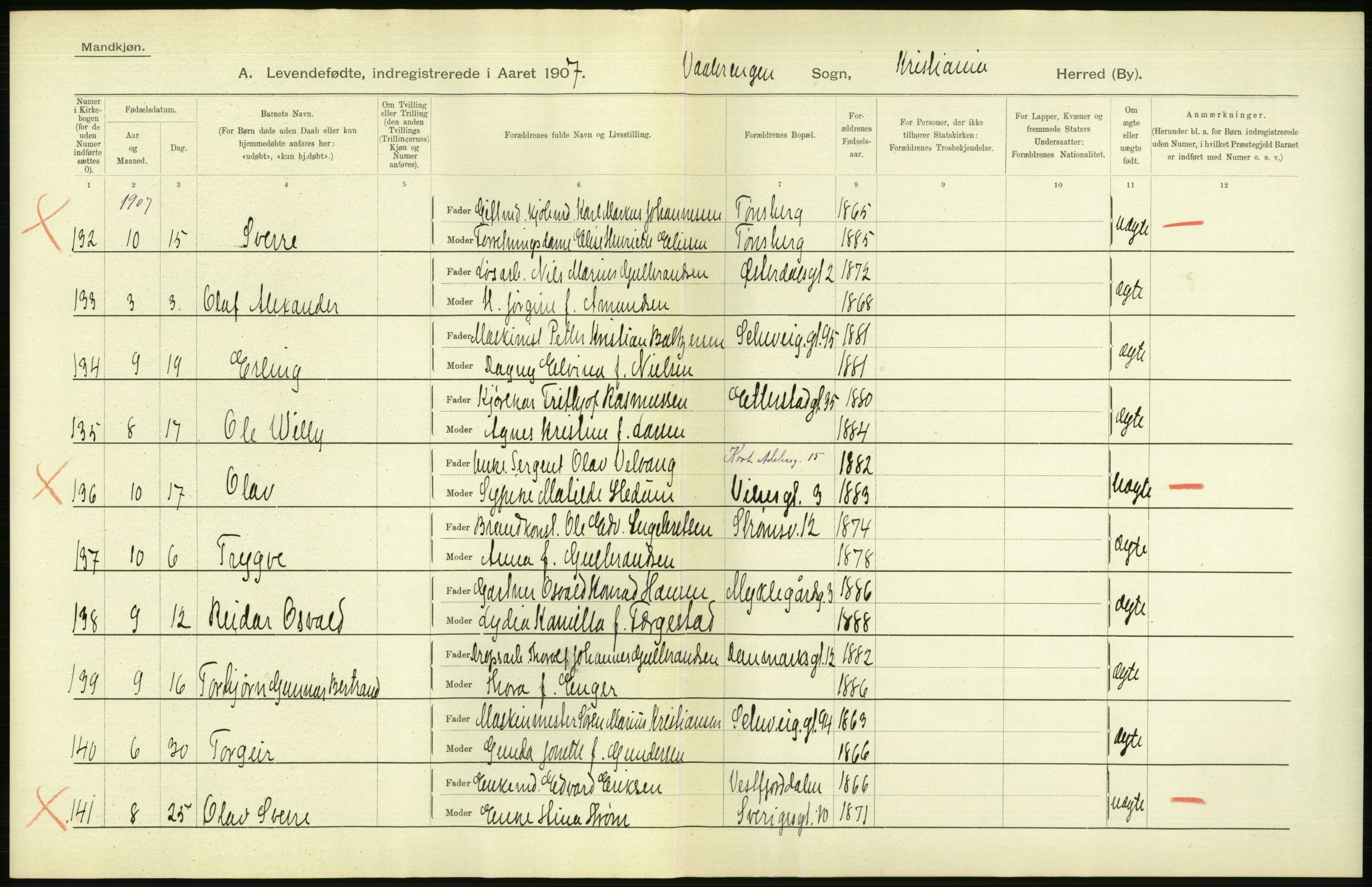 Statistisk sentralbyrå, Sosiodemografiske emner, Befolkning, AV/RA-S-2228/D/Df/Dfa/Dfae/L0007: Kristiania: Levendefødte menn og kvinner., 1907, p. 586