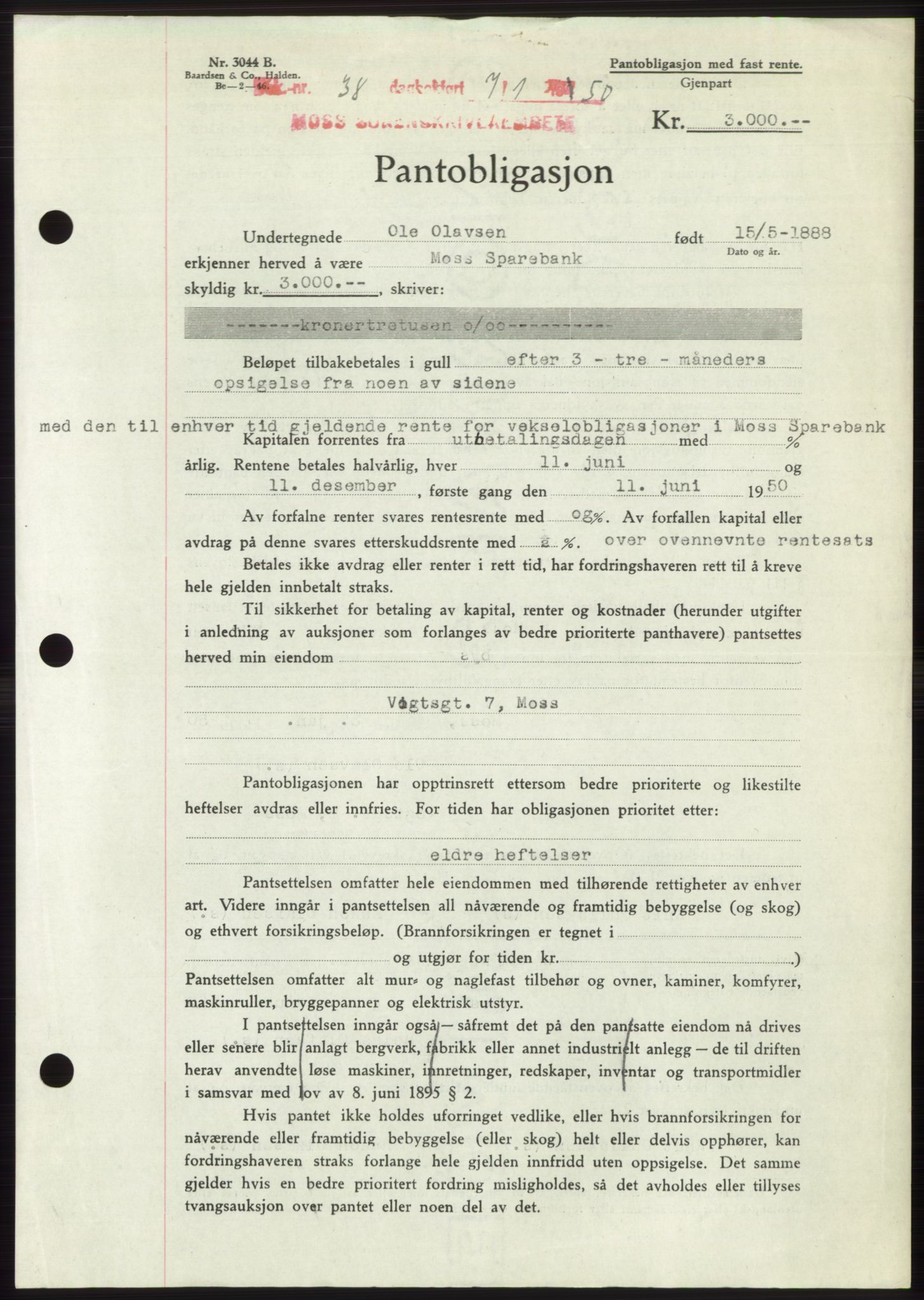 Moss sorenskriveri, SAO/A-10168: Mortgage book no. B23, 1949-1950, Diary no: : 38/1950