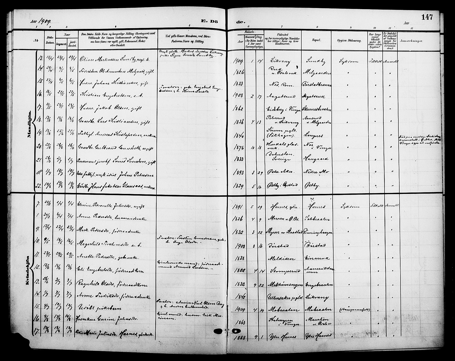 Sør-Odal prestekontor, AV/SAH-PREST-030/H/Ha/Hab/L0005: Parish register (copy) no. 5, 1903-1915, p. 147