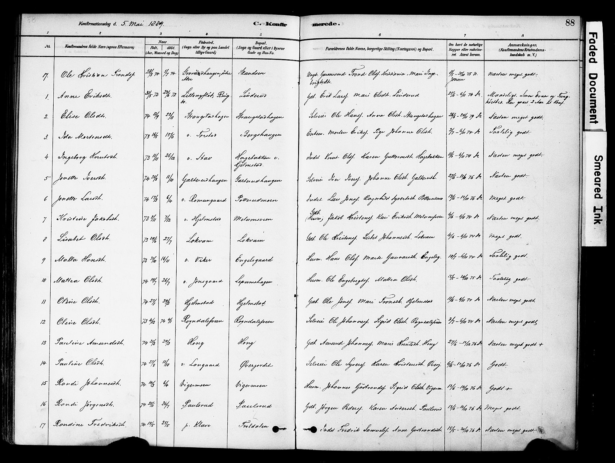 Øyer prestekontor, SAH/PREST-084/H/Ha/Haa/L0009: Parish register (official) no. 9, 1878-1893, p. 88