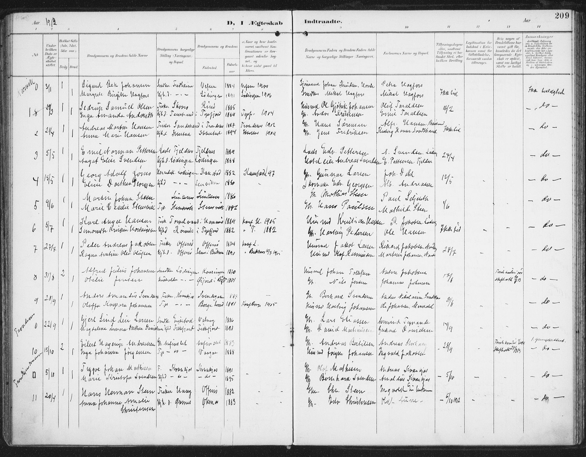 Ministerialprotokoller, klokkerbøker og fødselsregistre - Nordland, AV/SAT-A-1459/872/L1036: Parish register (official) no. 872A11, 1897-1913, p. 209