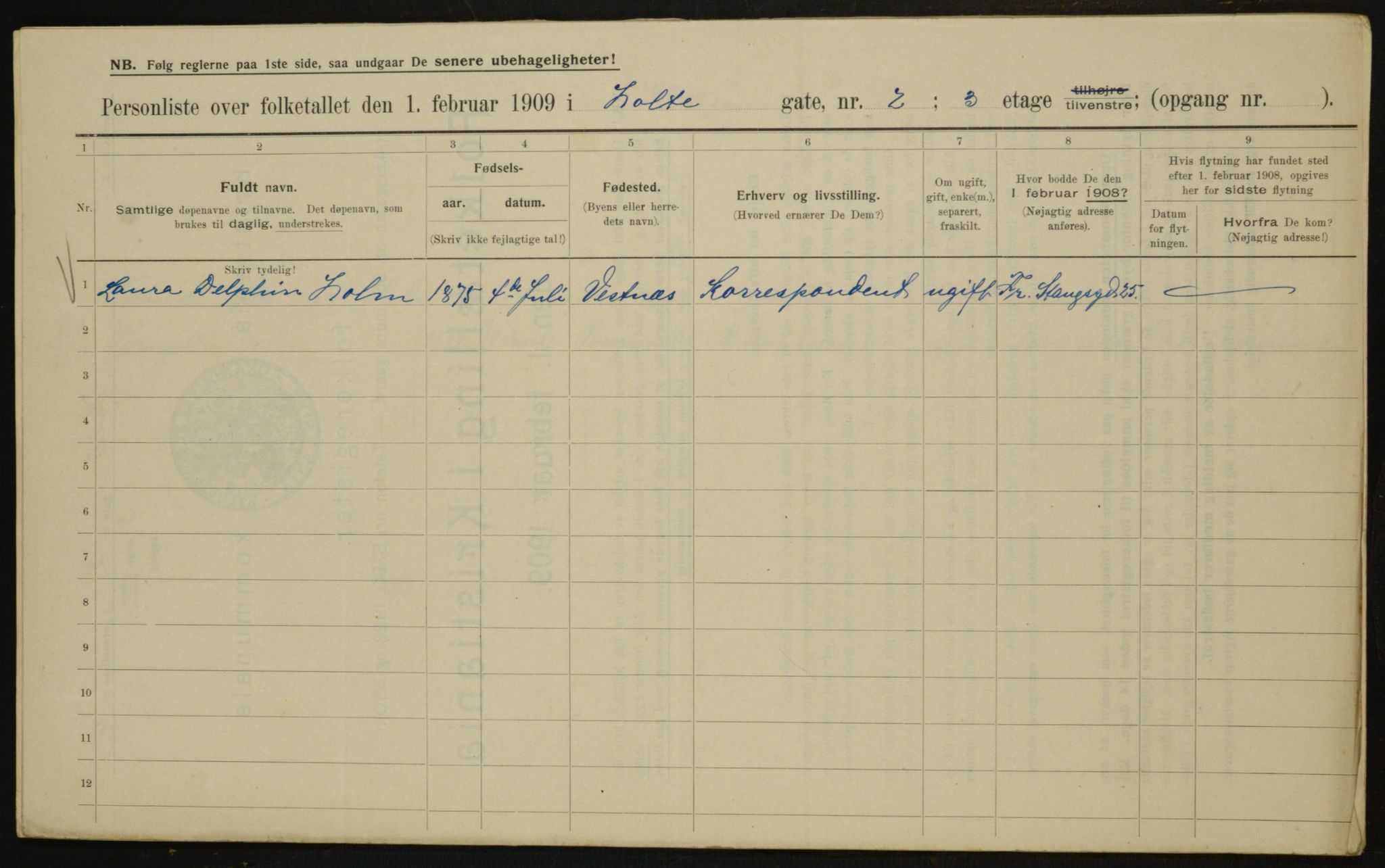 OBA, Municipal Census 1909 for Kristiania, 1909, p. 37296