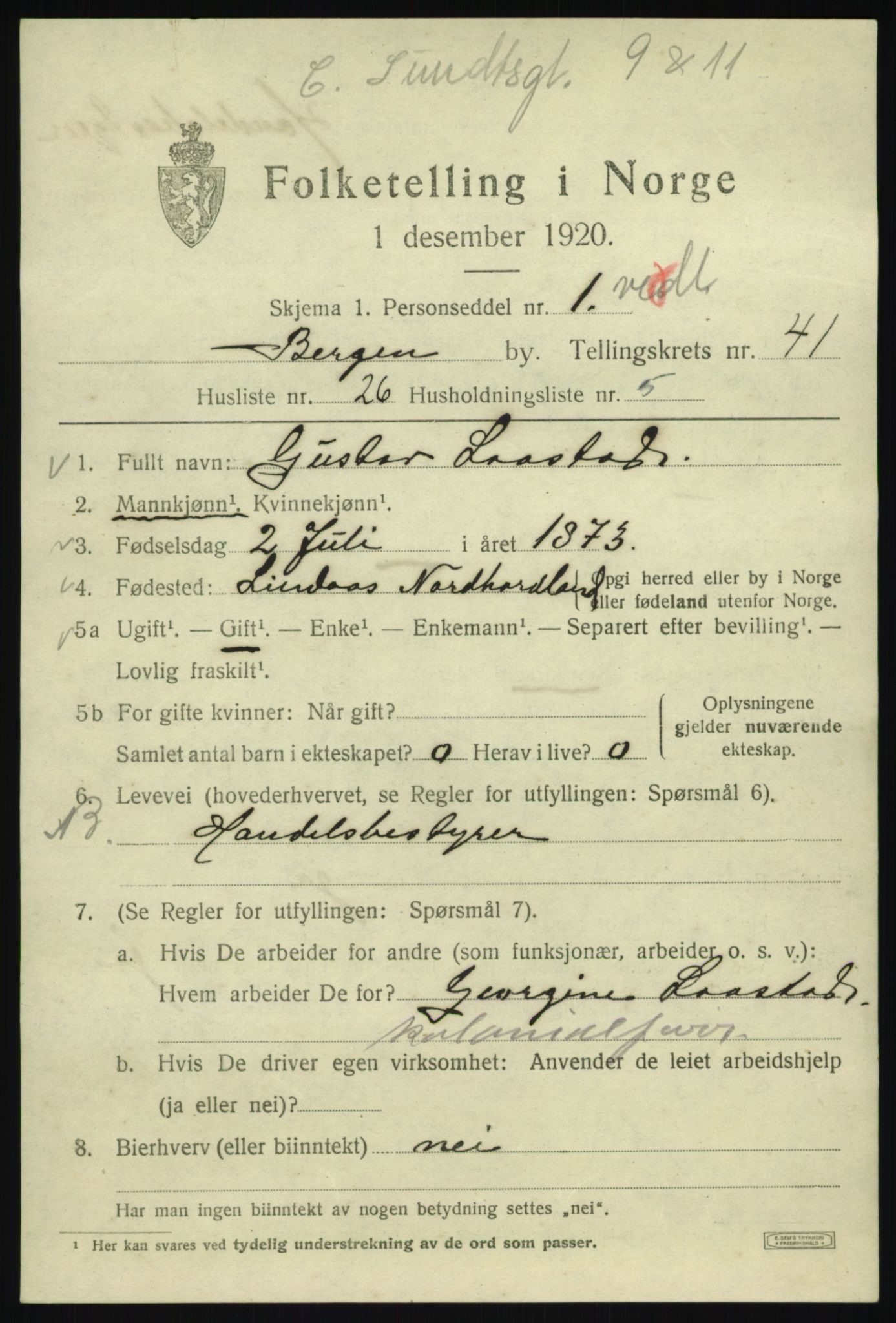 SAB, 1920 census for Bergen, 1920, p. 109472