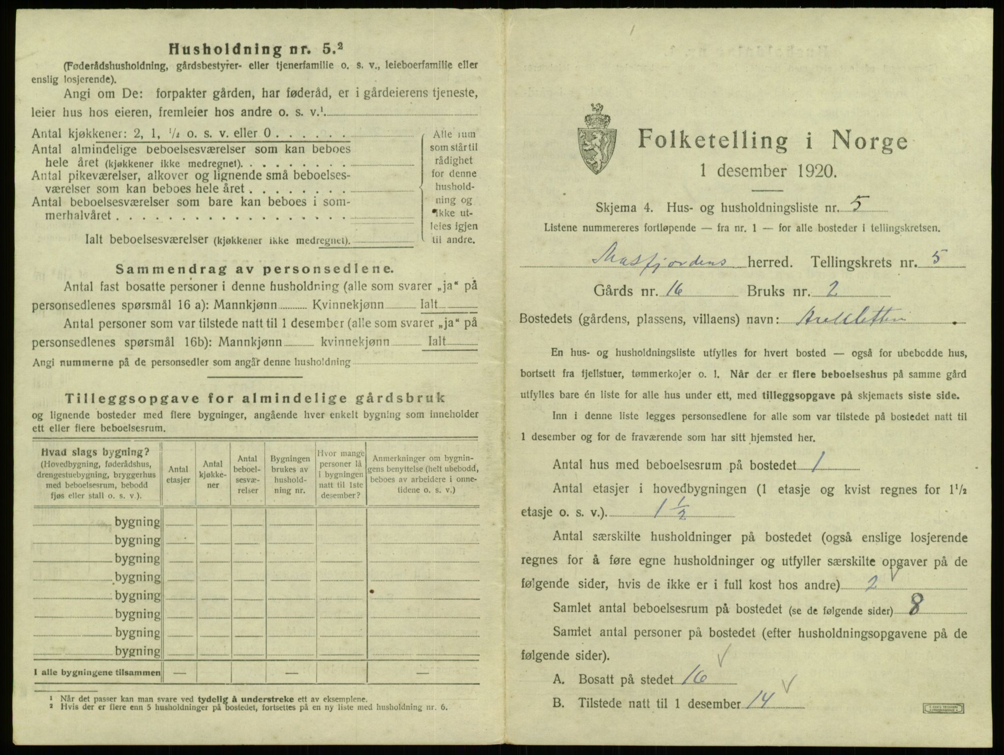 SAB, 1920 census for Masfjorden, 1920, p. 254