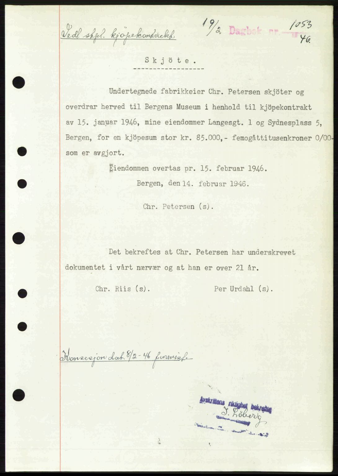 Byfogd og Byskriver i Bergen, AV/SAB-A-3401/03/03Bc/L0022: Mortgage book no. A18, 1946-1946, Diary no: : 1053/1946