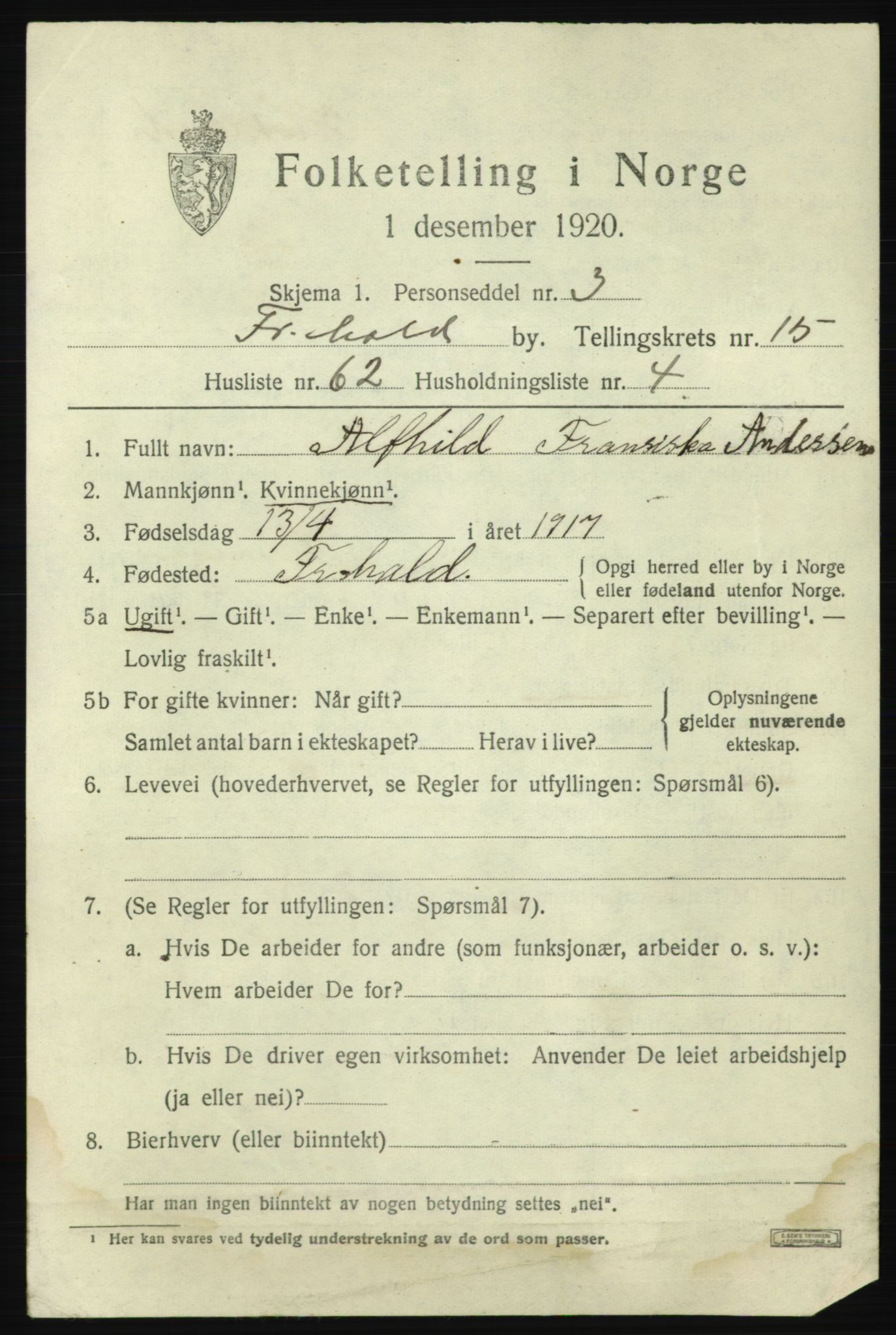 SAO, 1920 census for Fredrikshald, 1920, p. 24618