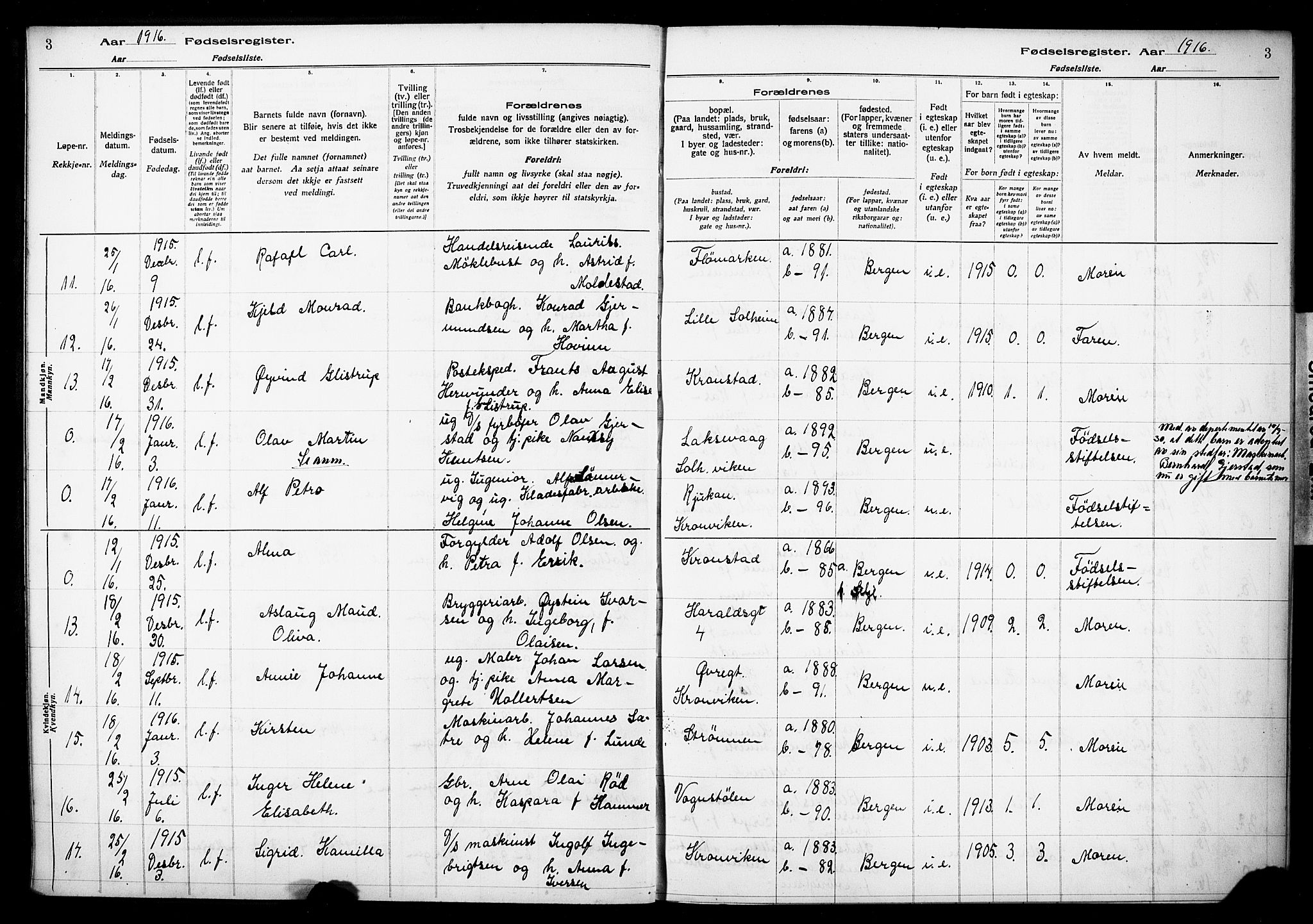 Årstad Sokneprestembete, SAB/A-79301/I/Id/L0A01: Birth register no. A 1, 1916-1920, p. 3