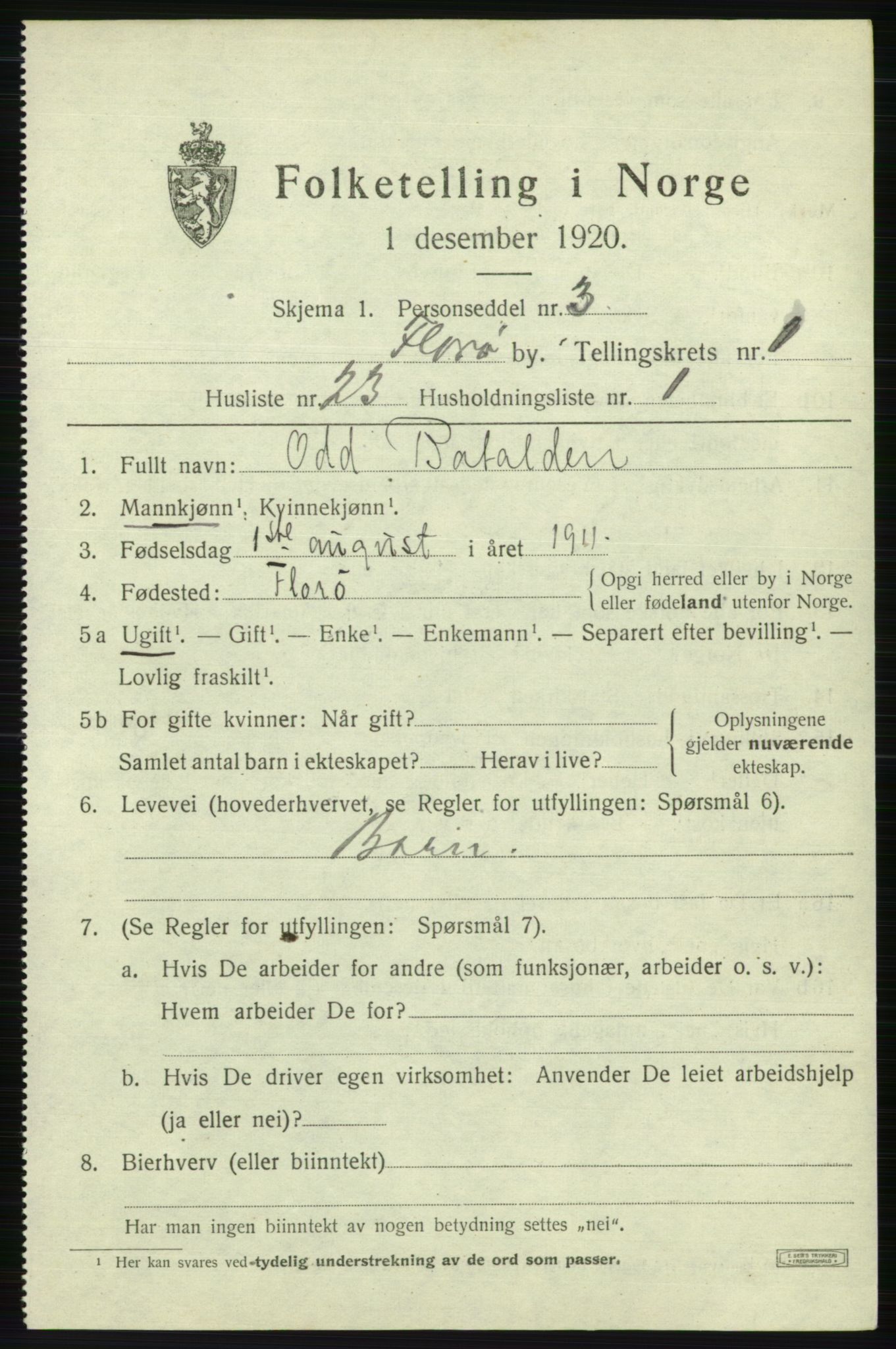 SAB, 1920 census for Florø, 1920, p. 1526