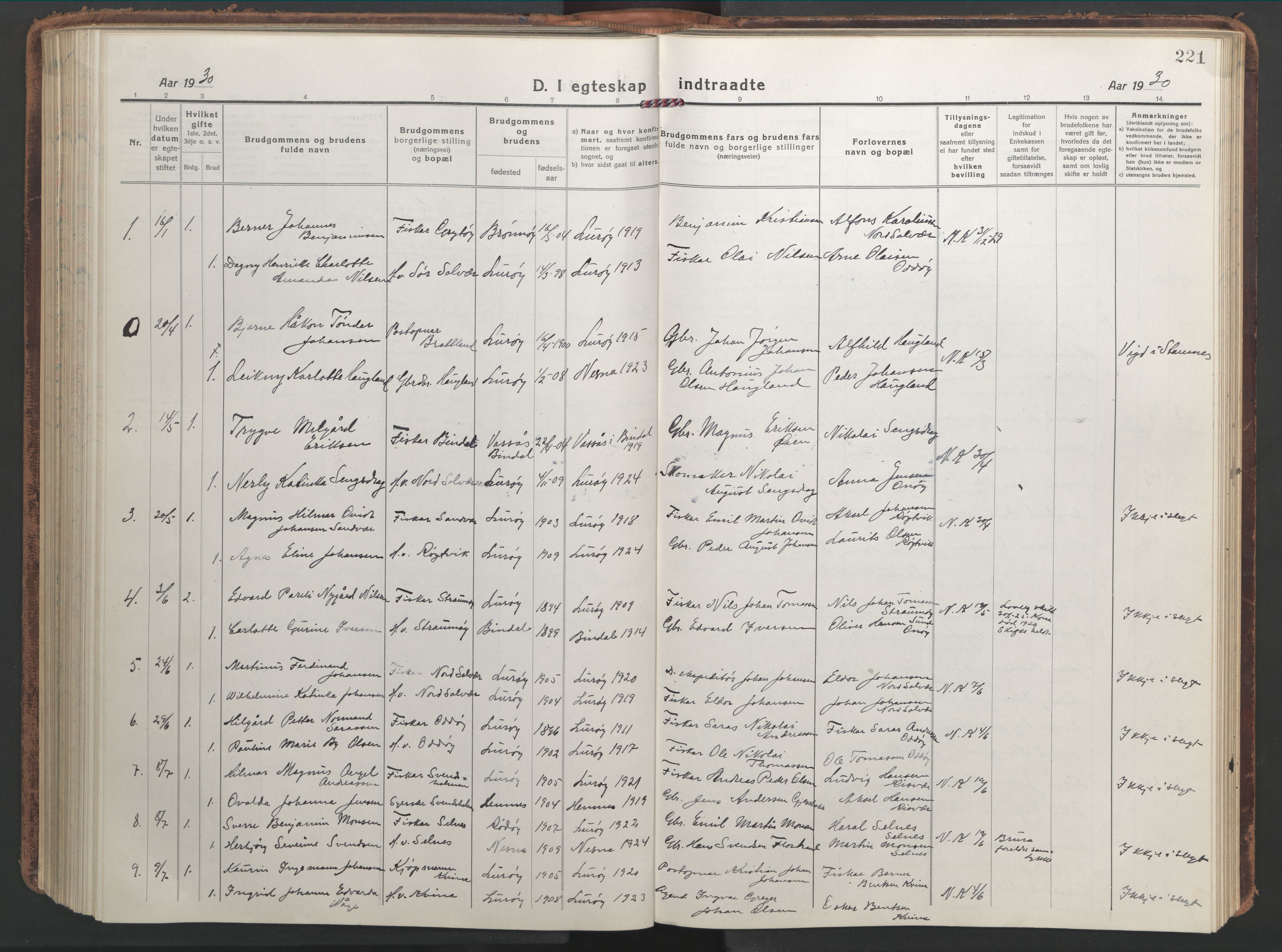 Ministerialprotokoller, klokkerbøker og fødselsregistre - Nordland, SAT/A-1459/839/L0574: Parish register (copy) no. 839C04, 1918-1950, p. 221
