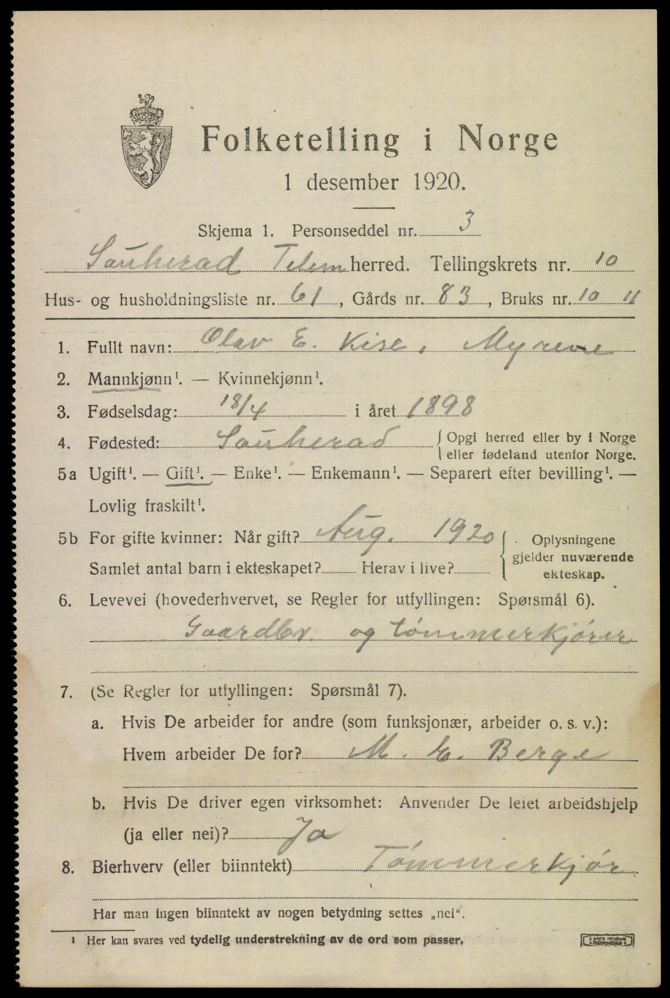 SAKO, 1920 census for Sauherad, 1920, p. 8031