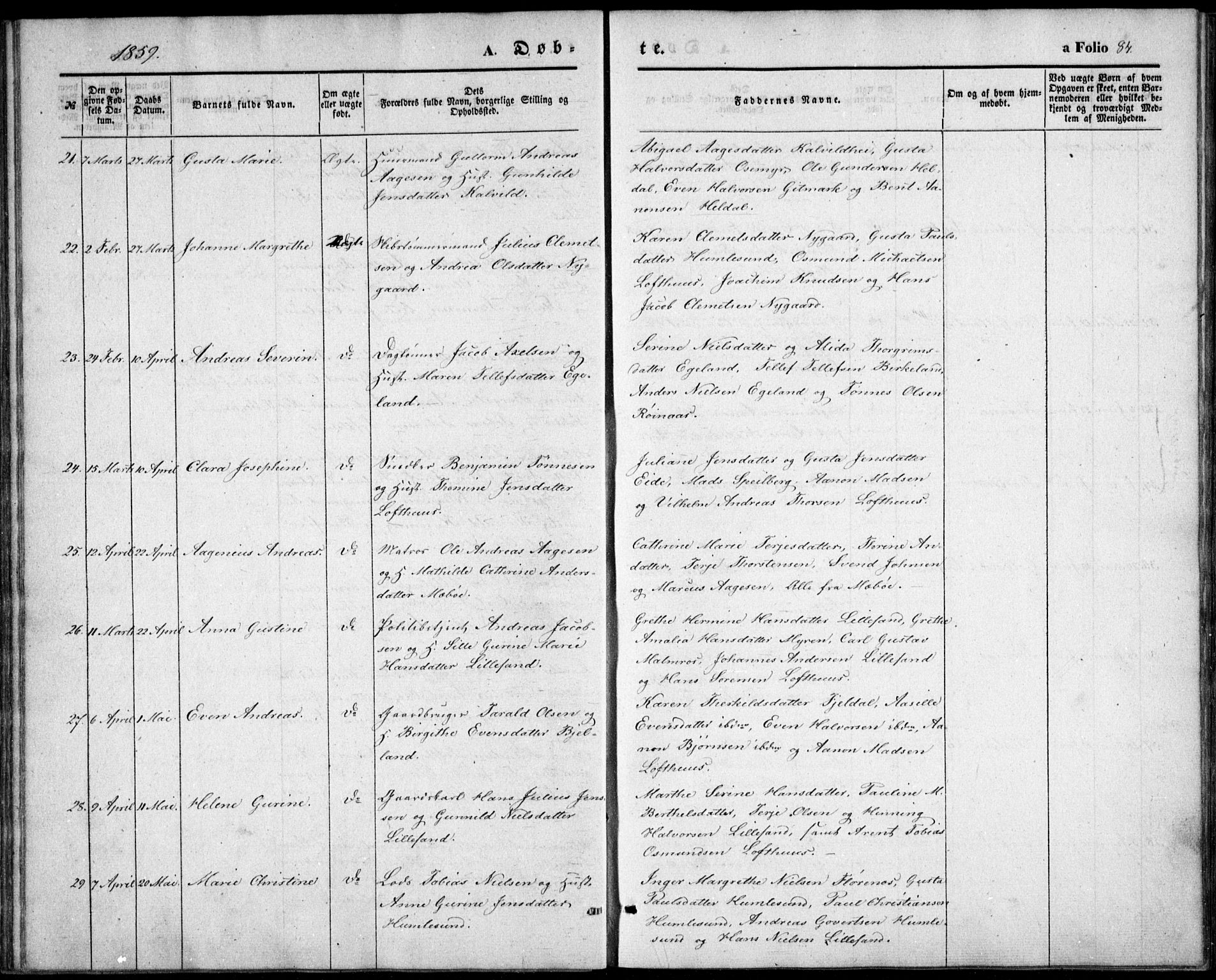 Vestre Moland sokneprestkontor, AV/SAK-1111-0046/F/Fb/Fbb/L0003: Parish register (copy) no. B 3, 1851-1861, p. 84