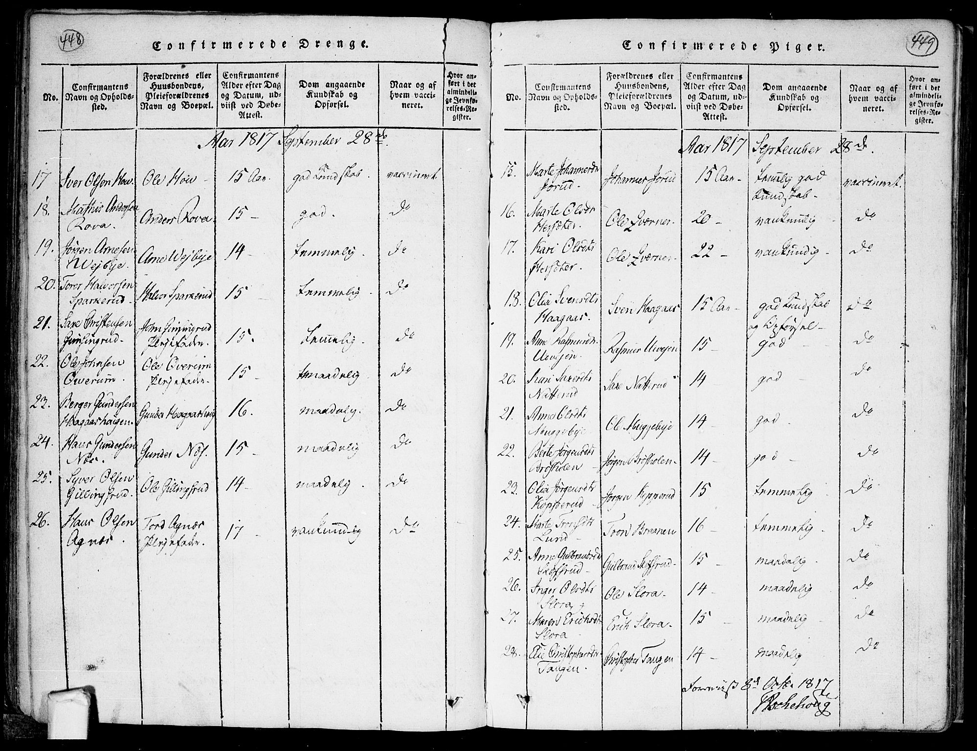 Trøgstad prestekontor Kirkebøker, AV/SAO-A-10925/F/Fa/L0006: Parish register (official) no. I 6, 1815-1844, p. 448-449