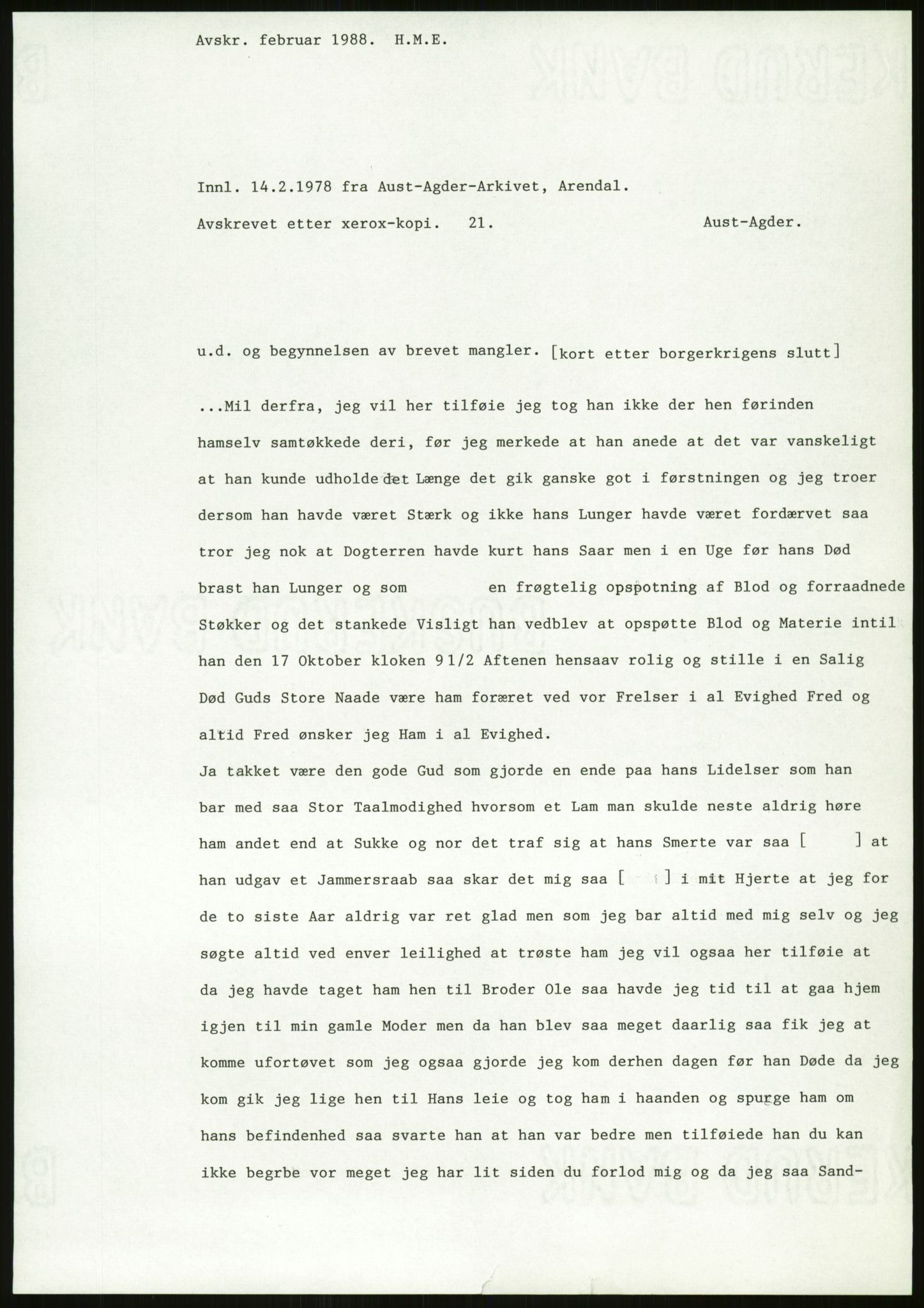 Samlinger til kildeutgivelse, Amerikabrevene, AV/RA-EA-4057/F/L0026: Innlån fra Aust-Agder: Aust-Agder-Arkivet - Erickson, 1838-1914, p. 285