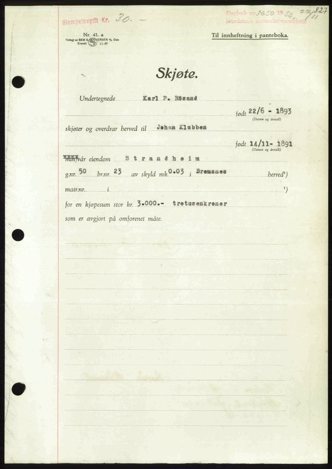 Nordmøre sorenskriveri, AV/SAT-A-4132/1/2/2Ca: Mortgage book no. A116, 1950-1950, Diary no: : 3650/1950