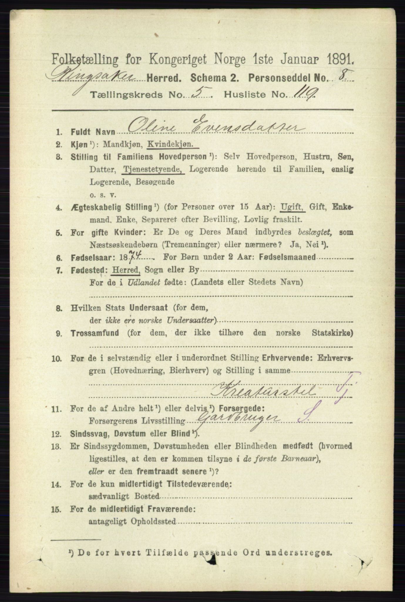 RA, 1891 census for 0412 Ringsaker, 1891, p. 3077