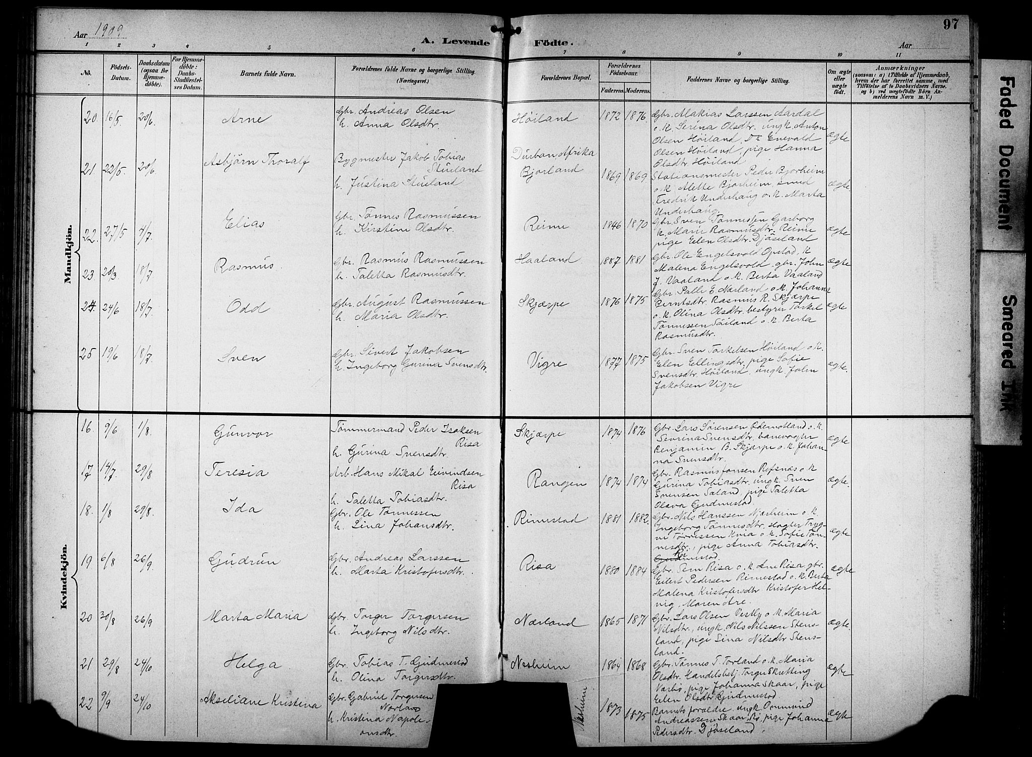 Hå sokneprestkontor, SAST/A-101801/001/30BB/L0005: Parish register (copy) no. B 5, 1894-1912, p. 97