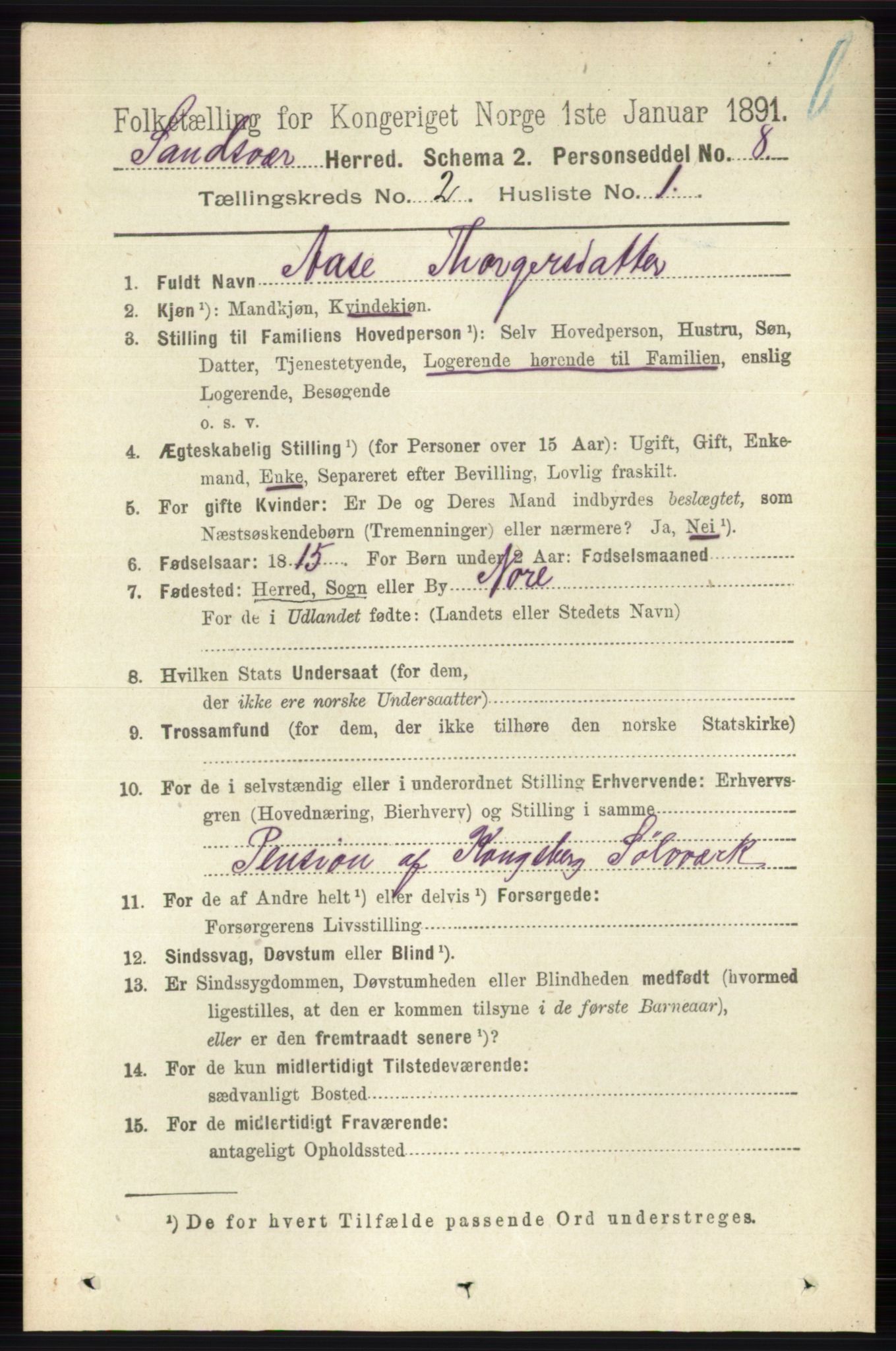 RA, 1891 census for 0629 Sandsvær, 1891, p. 5734