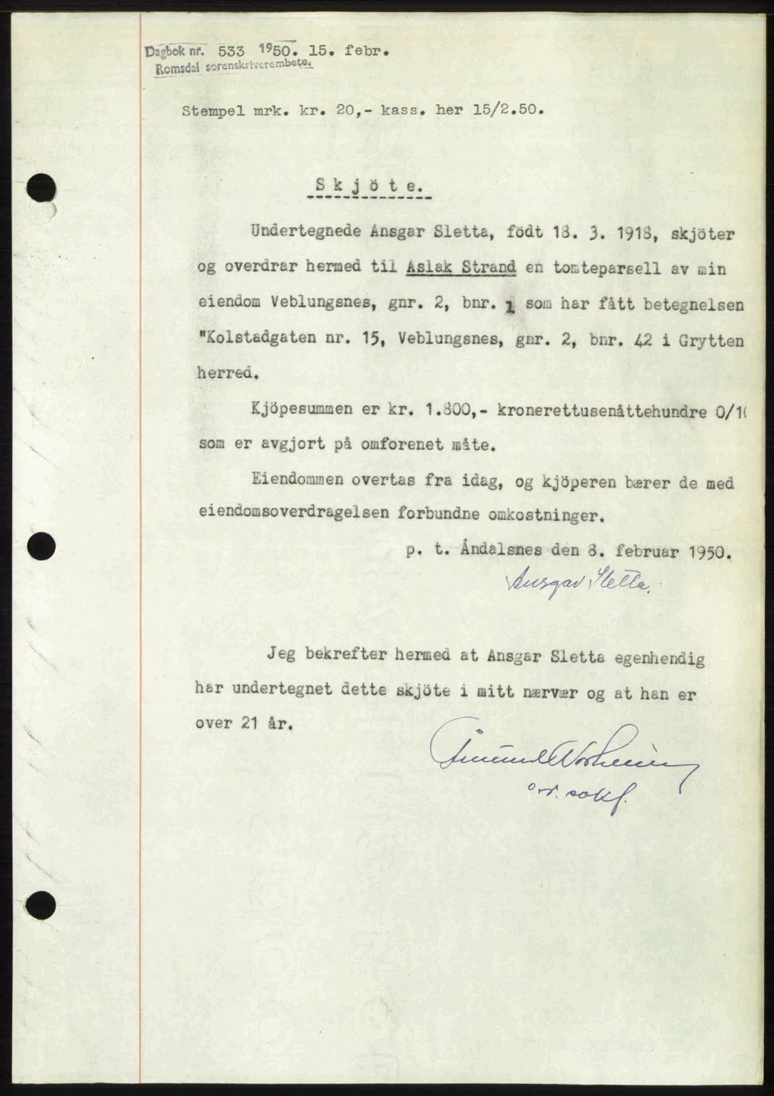 Romsdal sorenskriveri, AV/SAT-A-4149/1/2/2C: Mortgage book no. A32, 1950-1950, Diary no: : 533/1950