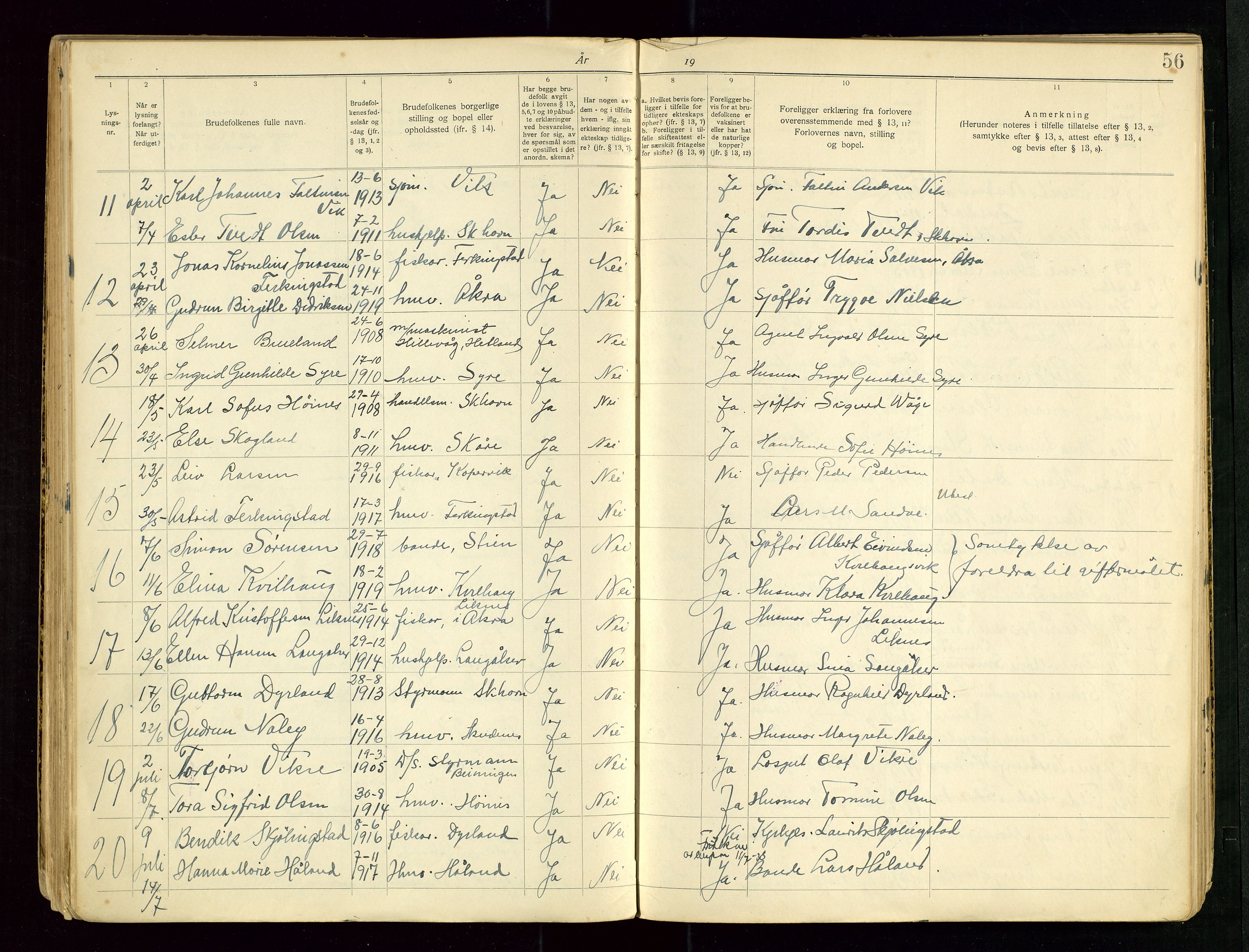 Skudenes sokneprestkontor, AV/SAST-A -101849/I/Ie/L0001: Banns register no. 1, 1919-1956, p. 56