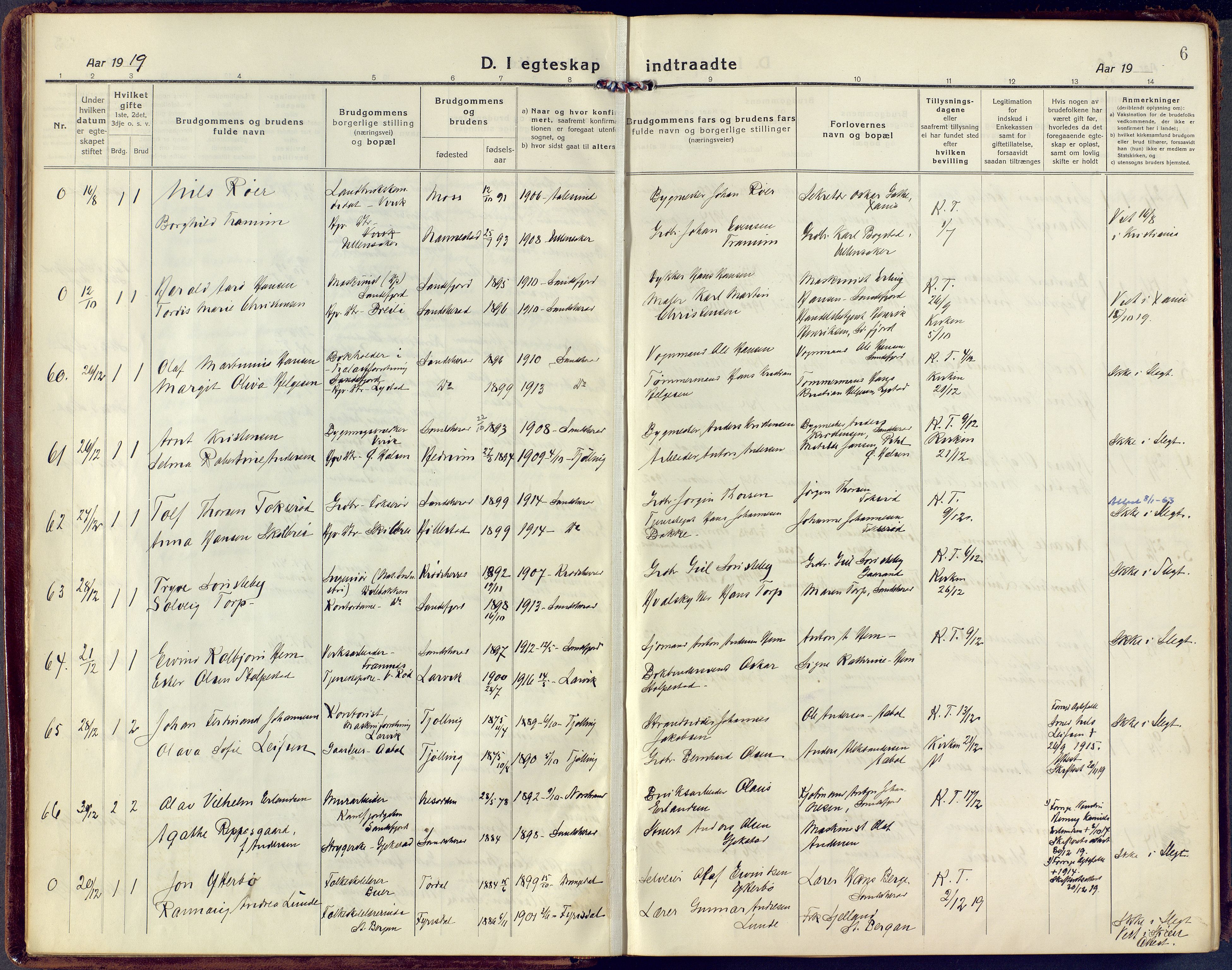 Sandar kirkebøker, SAKO/A-243/F/Fa/L0021: Parish register (official) no. 21, 1919-1925, p. 6