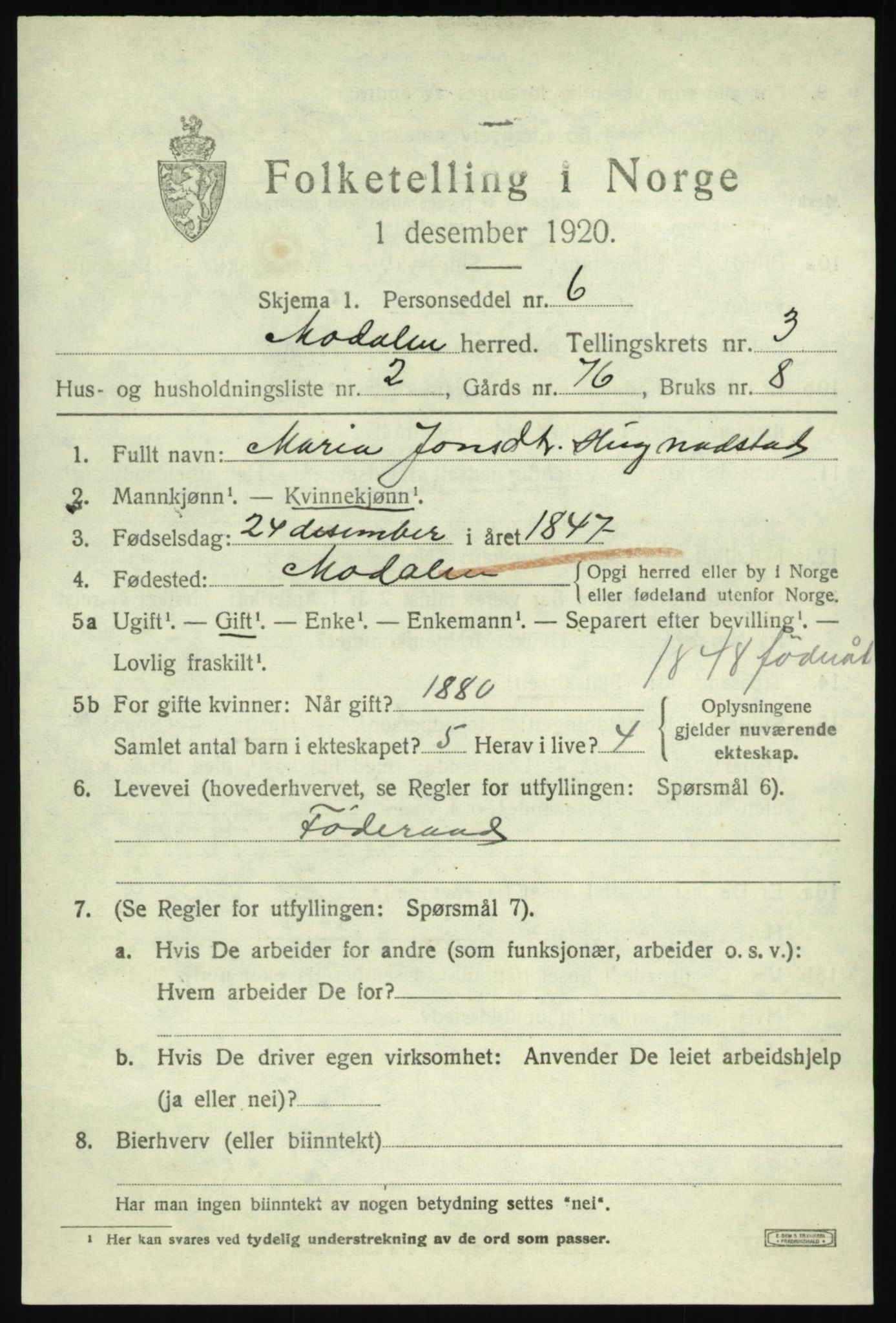 SAB, 1920 census for Modalen, 1920, p. 546