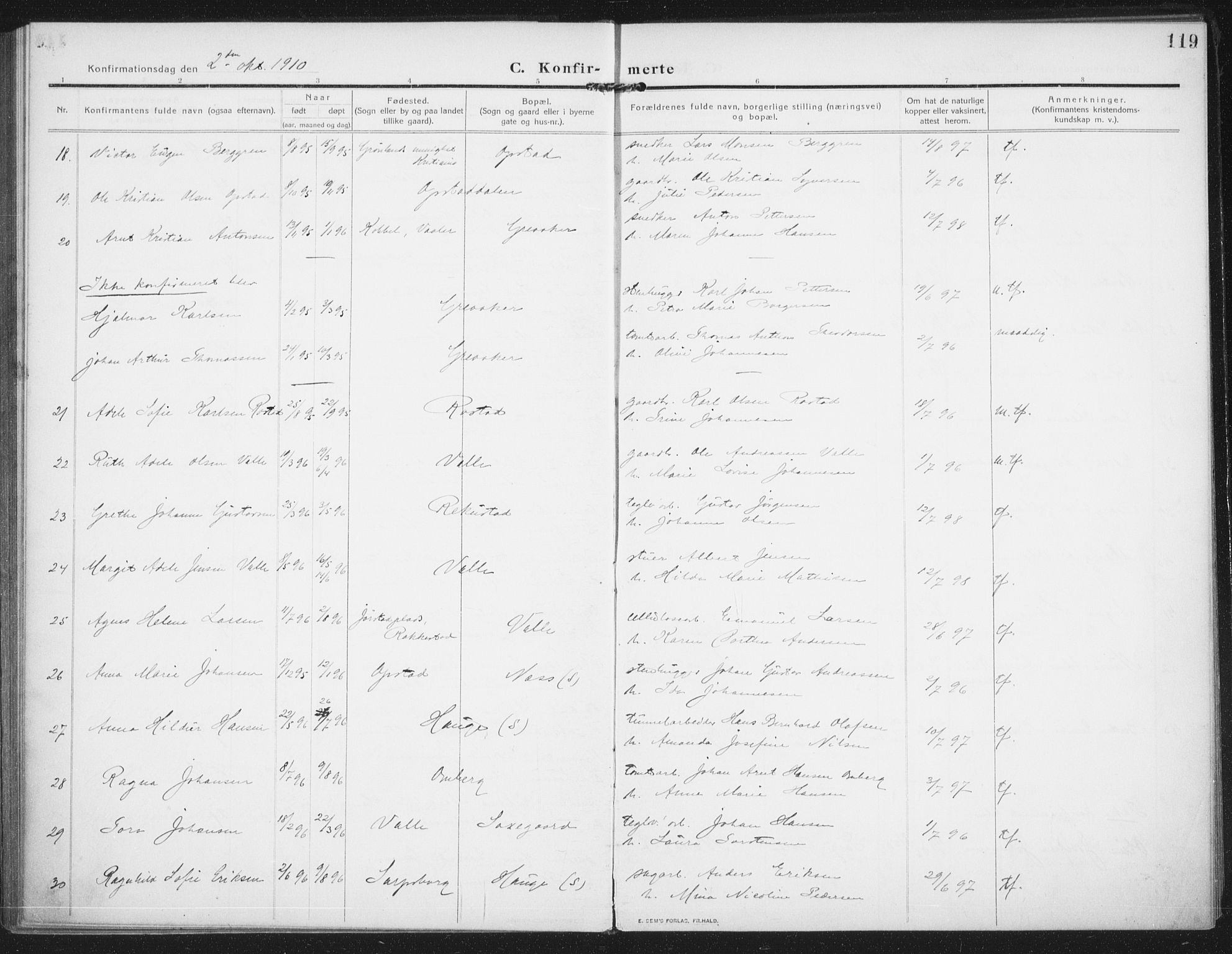 Rolvsøy prestekontor Kirkebøker, AV/SAO-A-2004/F/Fa/L0002: Parish register (official) no. 2, 1909-1917, p. 119