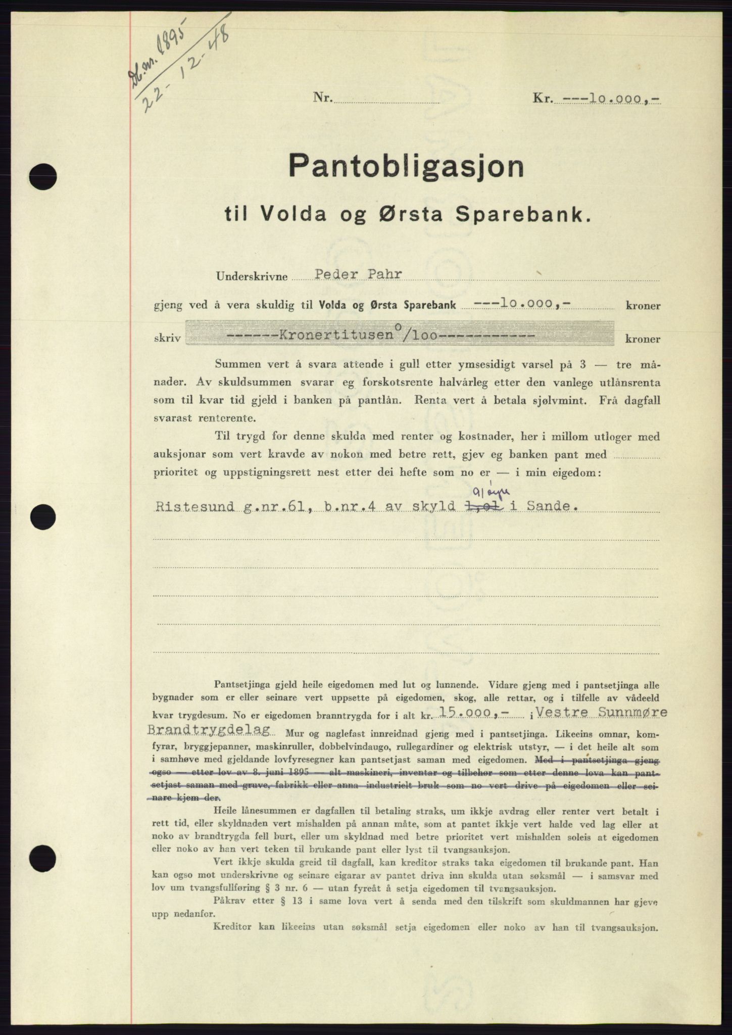 Søre Sunnmøre sorenskriveri, AV/SAT-A-4122/1/2/2C/L0116: Mortgage book no. 4B, 1948-1949, Diary no: : 1895/1948