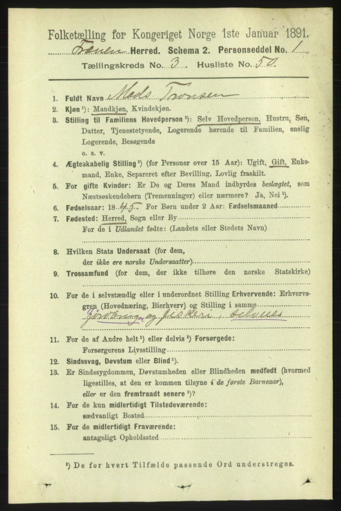 RA, 1891 census for 1548 Fræna, 1891, p. 1073