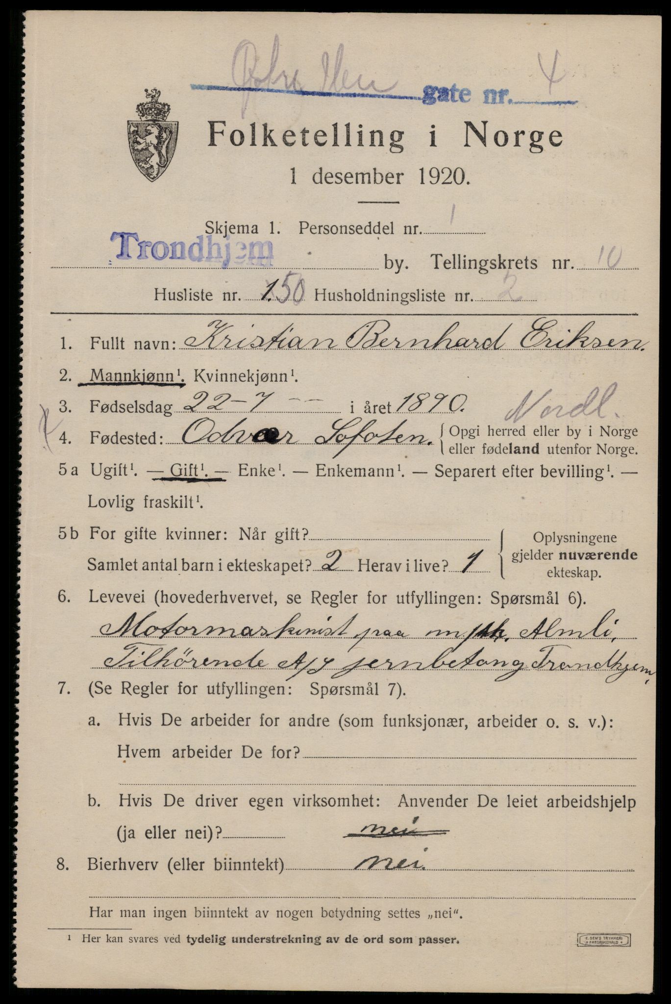 SAT, 1920 census for Trondheim, 1920, p. 46164