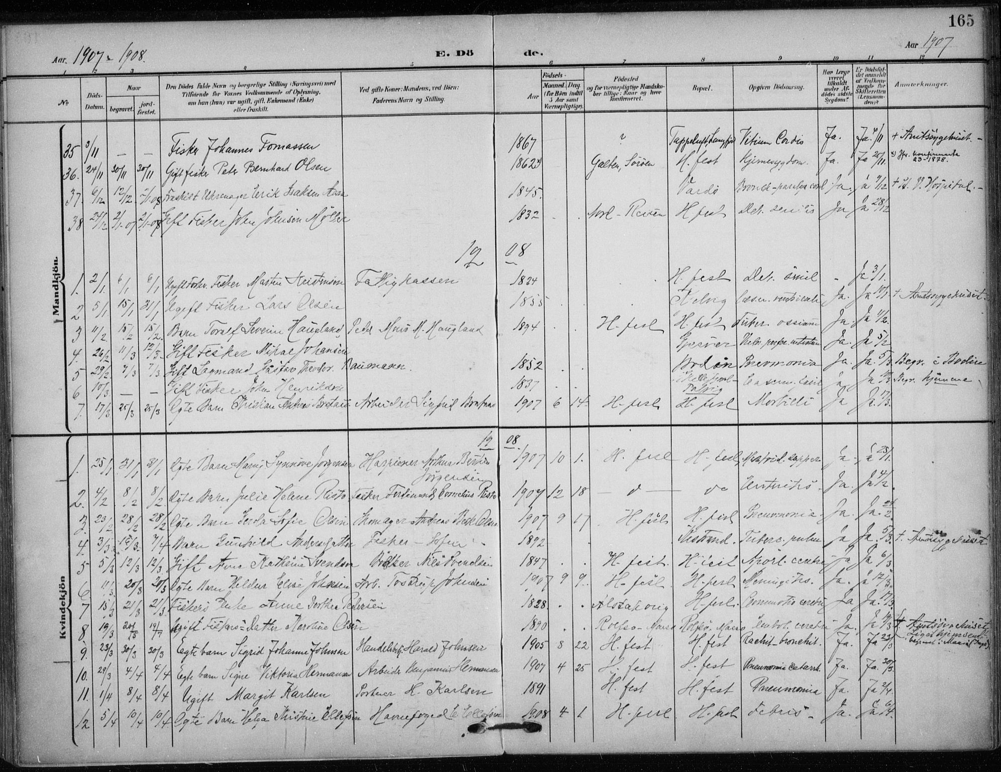 Hammerfest sokneprestkontor, AV/SATØ-S-1347/H/Ha/L0014.kirke: Parish register (official) no. 14, 1906-1916, p. 165