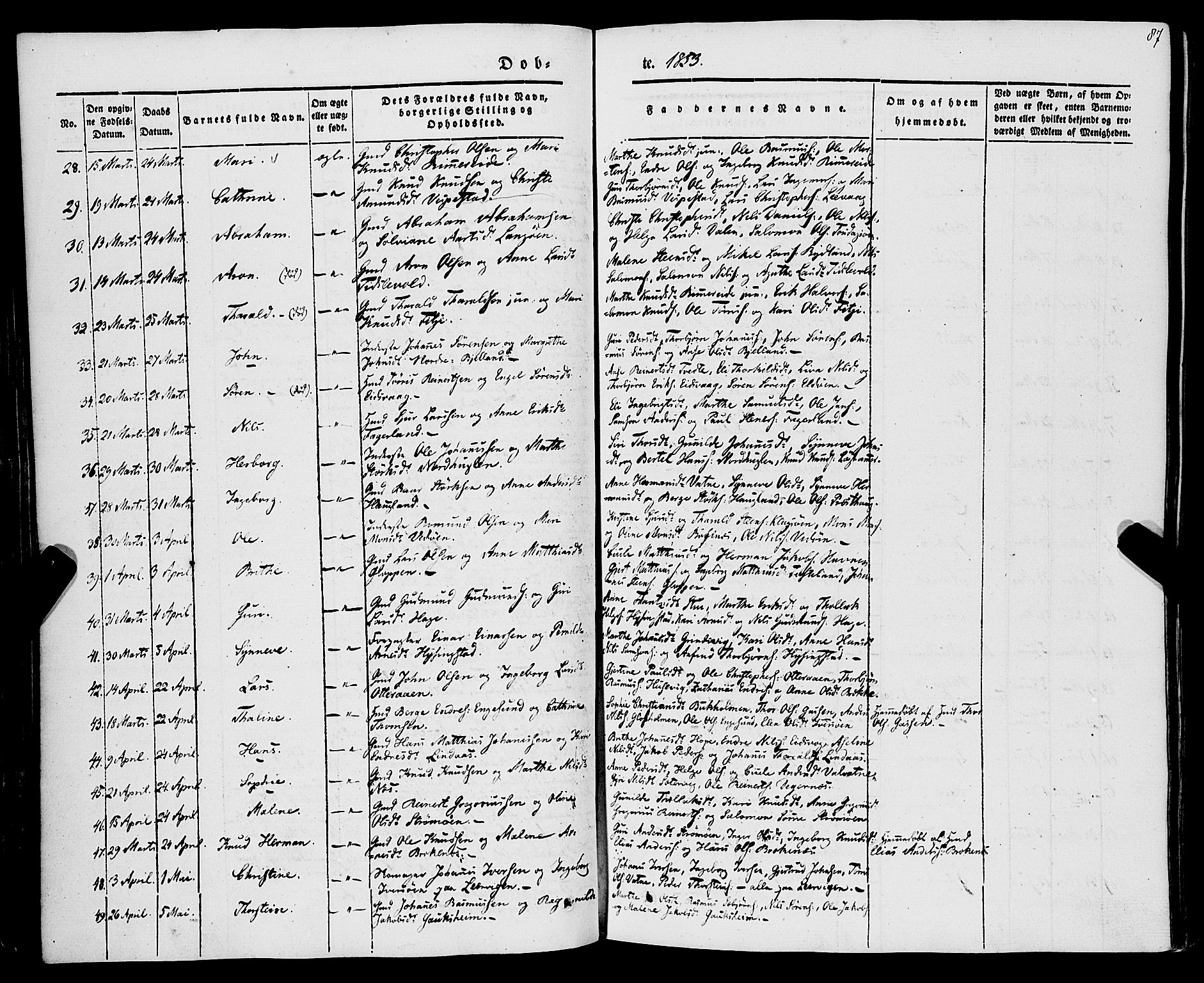 Stord sokneprestembete, SAB/A-78201/H/Haa: Parish register (official) no. A 7, 1841-1861, p. 87