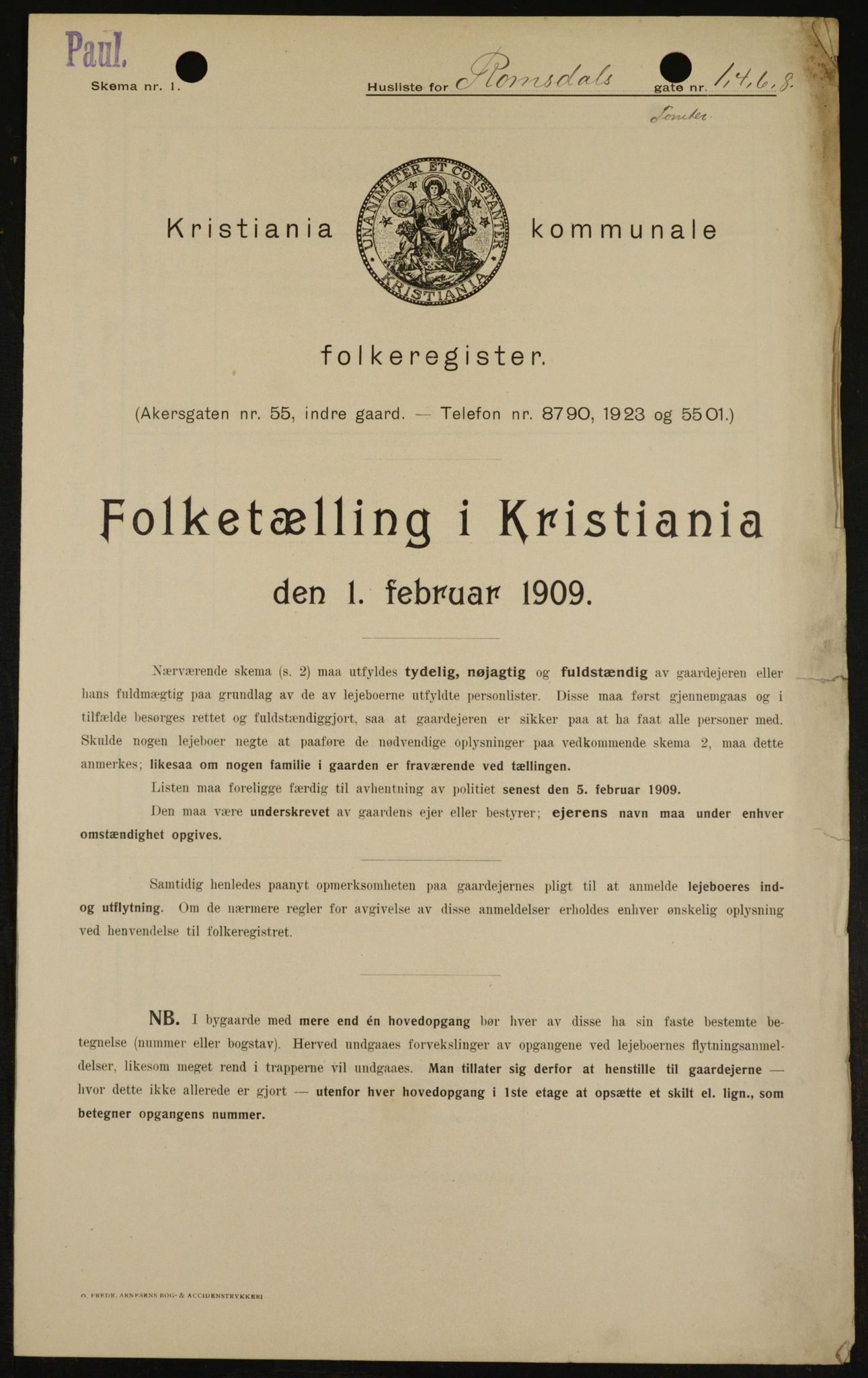 OBA, Municipal Census 1909 for Kristiania, 1909, p. 75413