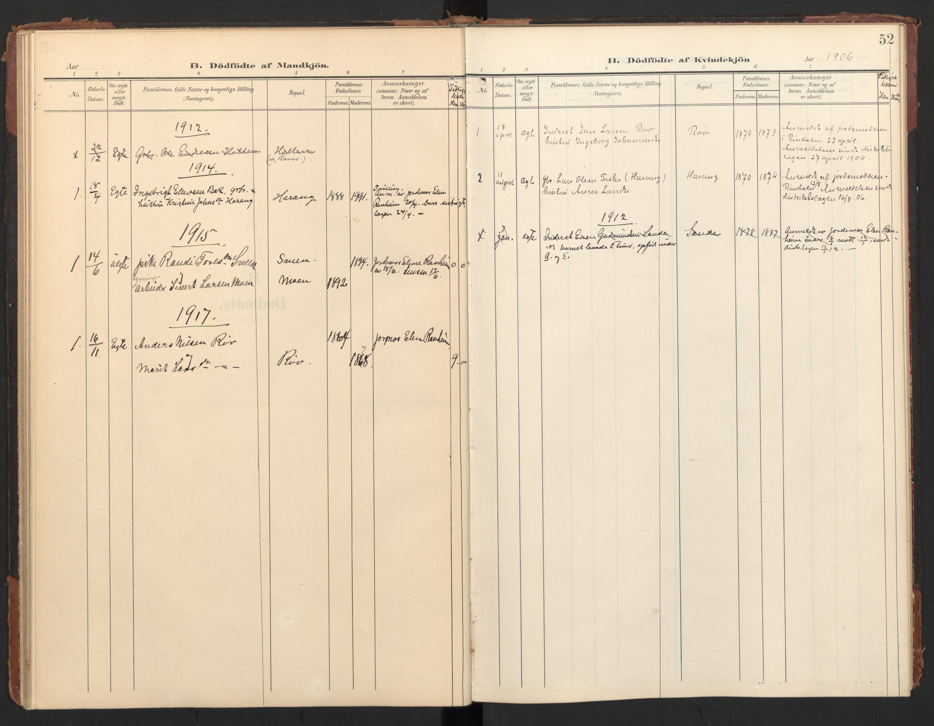 Ministerialprotokoller, klokkerbøker og fødselsregistre - Møre og Romsdal, SAT/A-1454/597/L1063: Parish register (official) no. 597A02, 1905-1923, p. 52