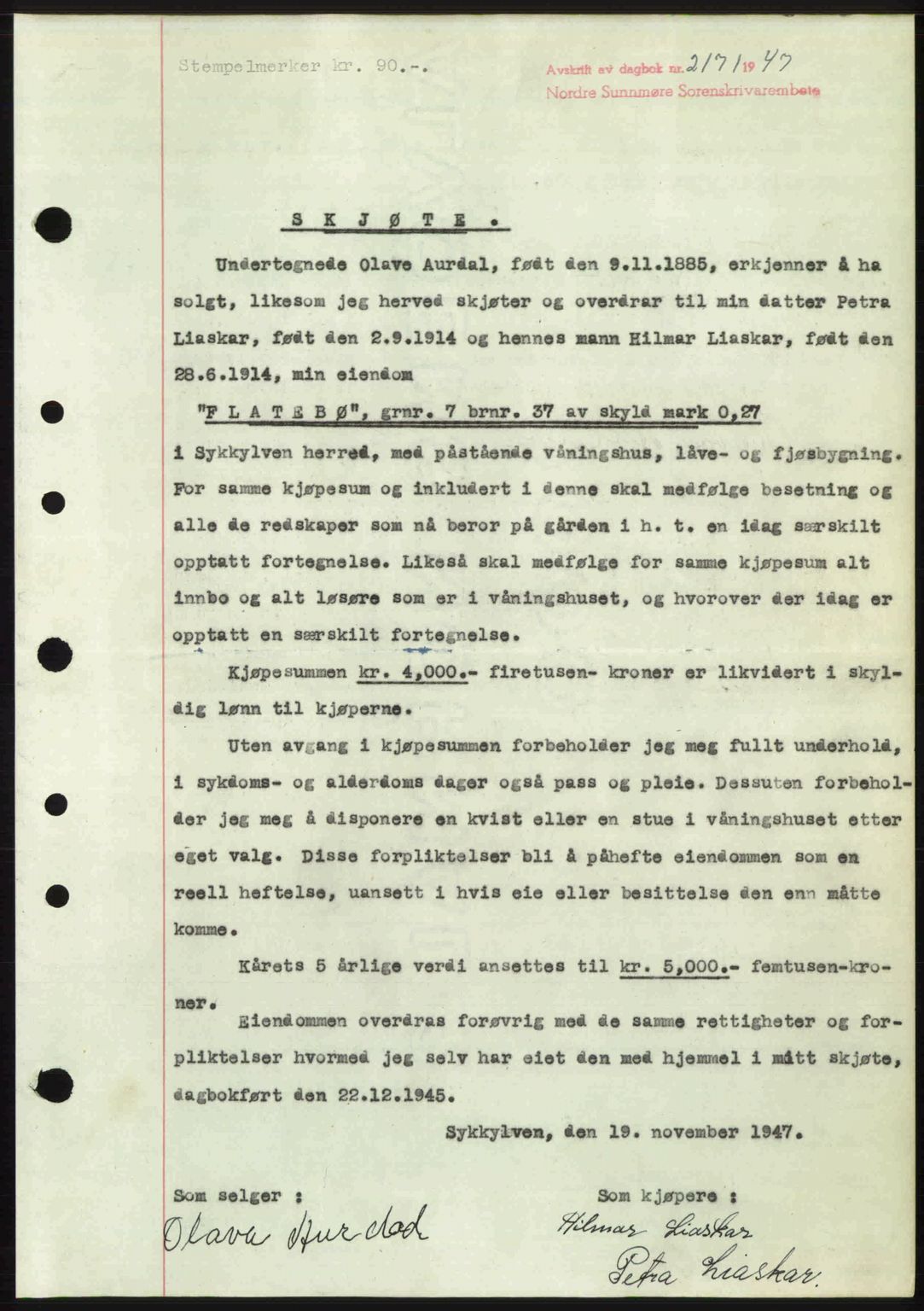 Nordre Sunnmøre sorenskriveri, AV/SAT-A-0006/1/2/2C/2Ca: Mortgage book no. A26, 1947-1948, Diary no: : 2171/1947