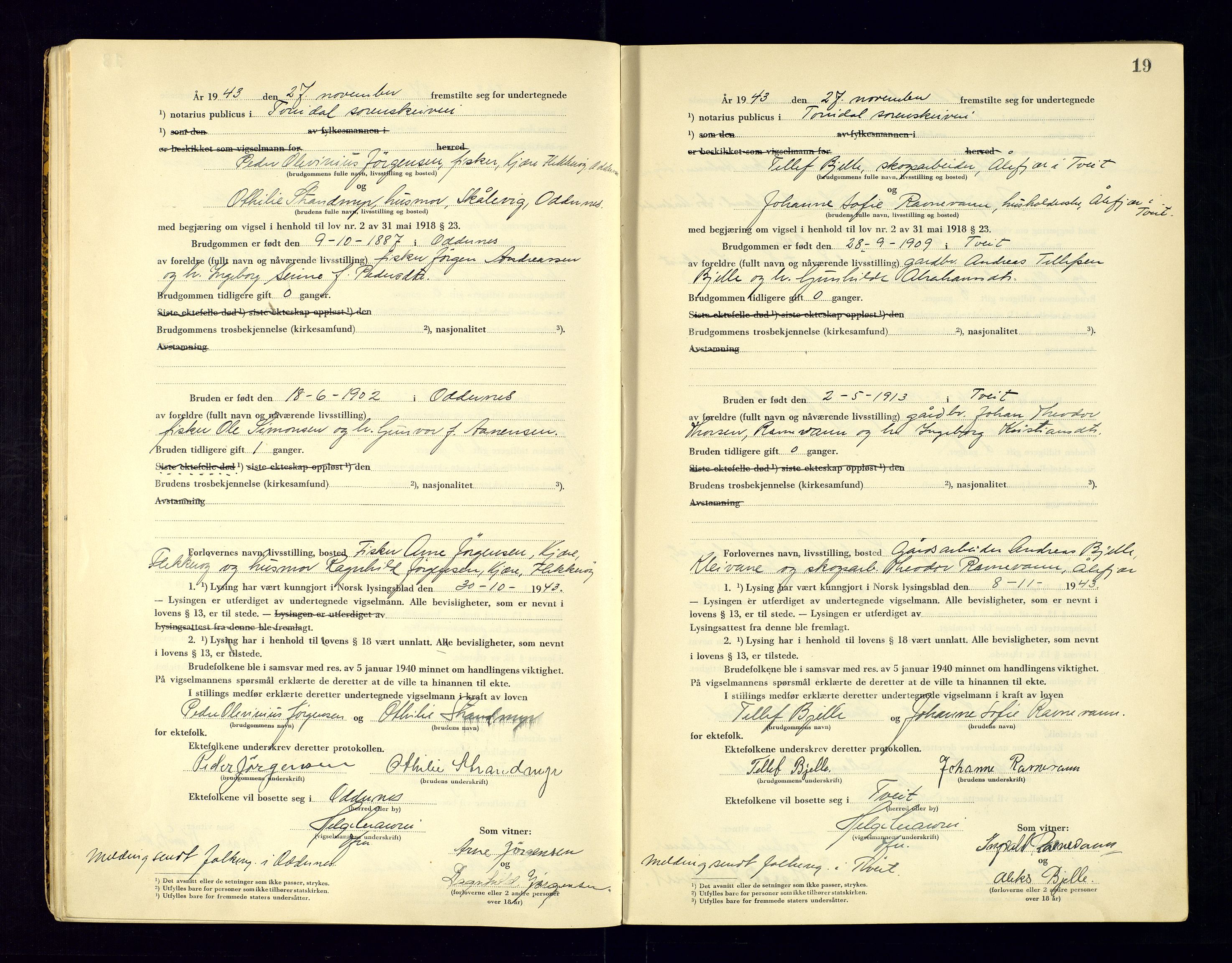 Torridal sorenskriveri, AV/SAK-1221-0012/L/Ld/L0004: Vigselbok nr. 2, 1943-1946, p. 19