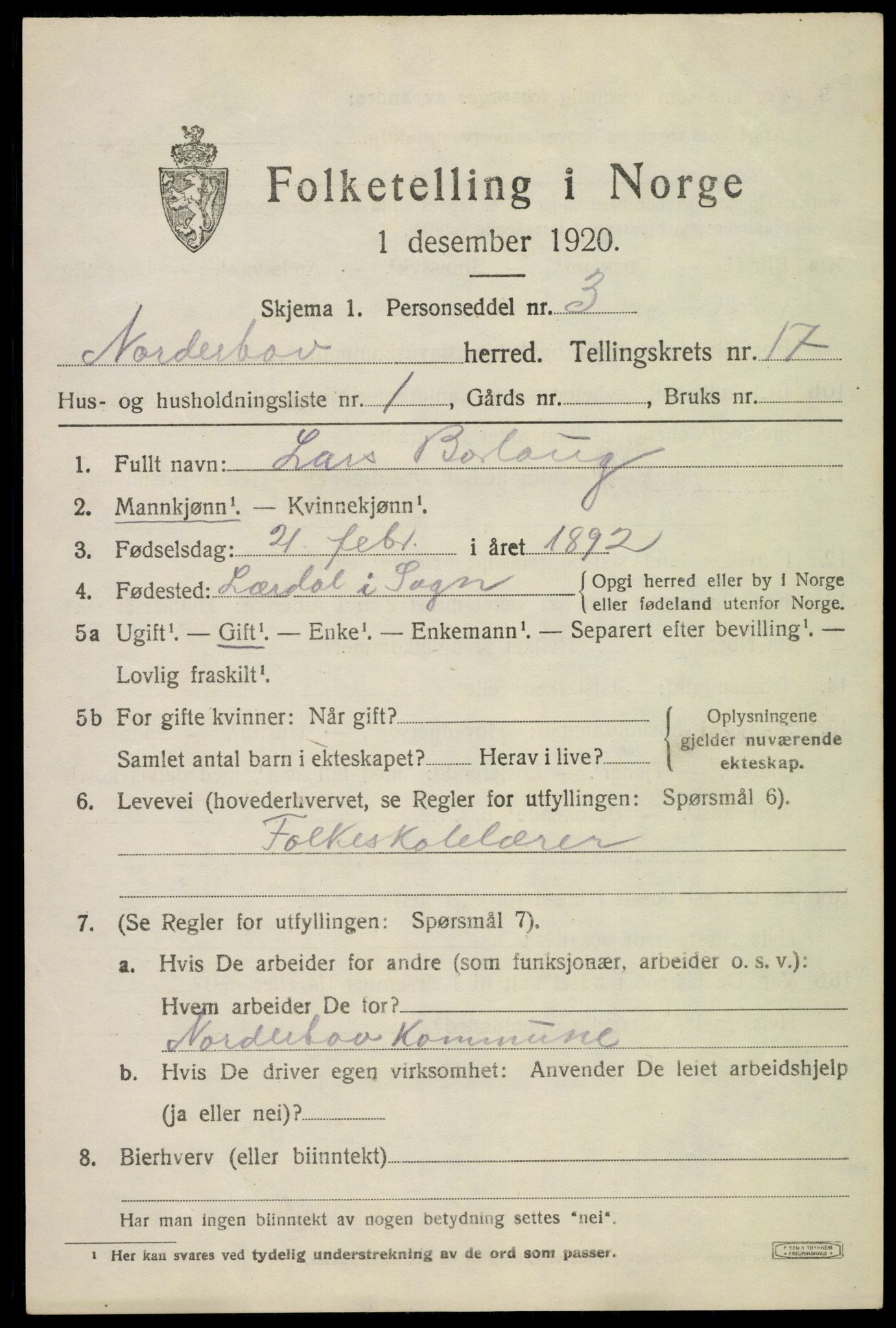 SAKO, 1920 census for Norderhov, 1920, p. 18520